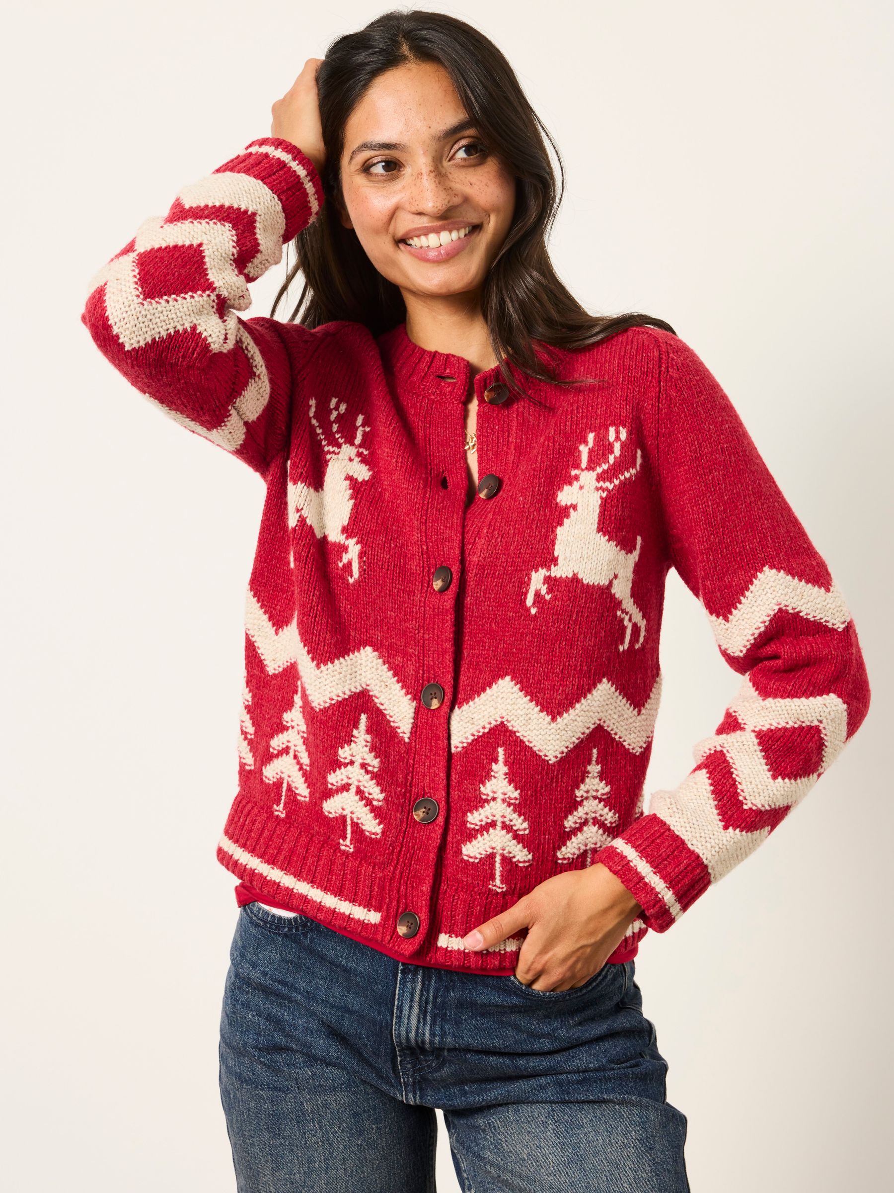 Red Reindeer Knitted Crew Christmas Cardigan - Image 1 of 5