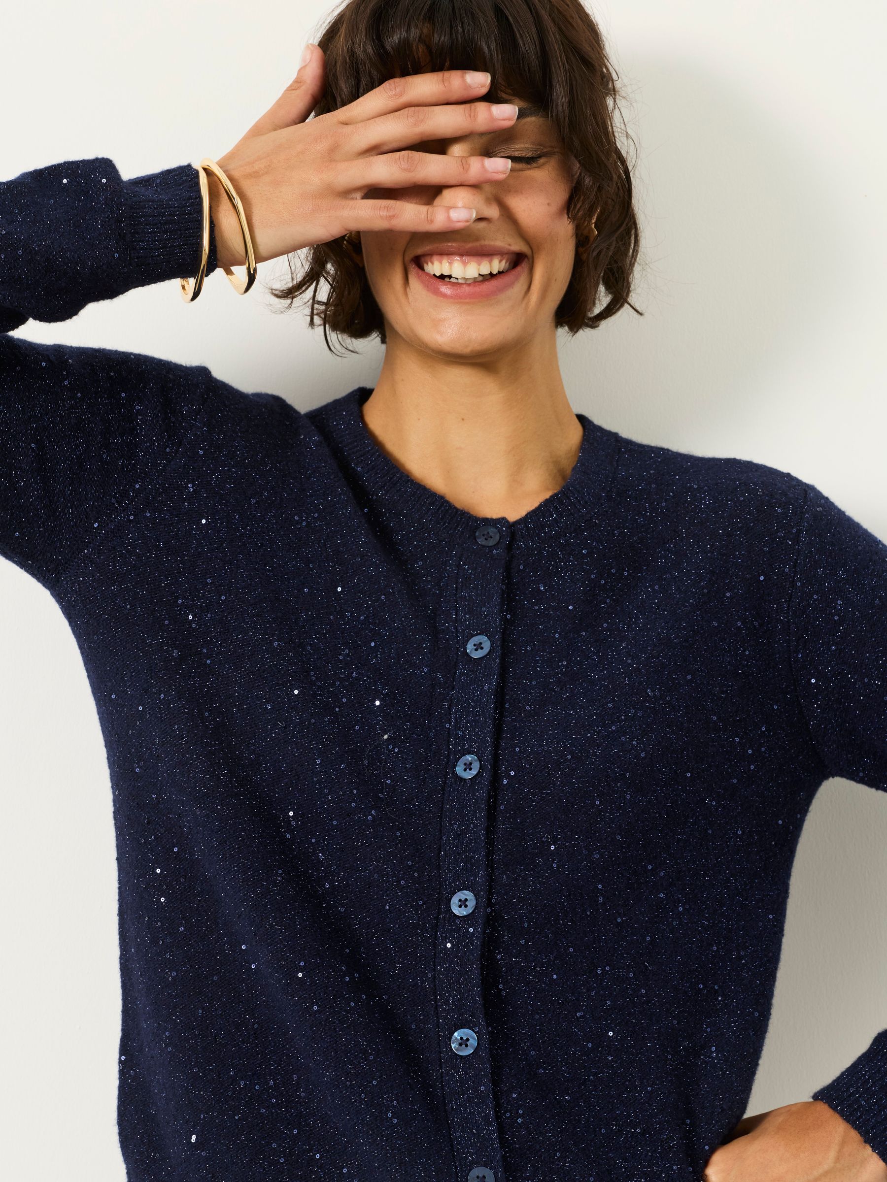 Skylar Navy Knitted Sequin Sparkle Crew Cardigan - Image 3 of 6