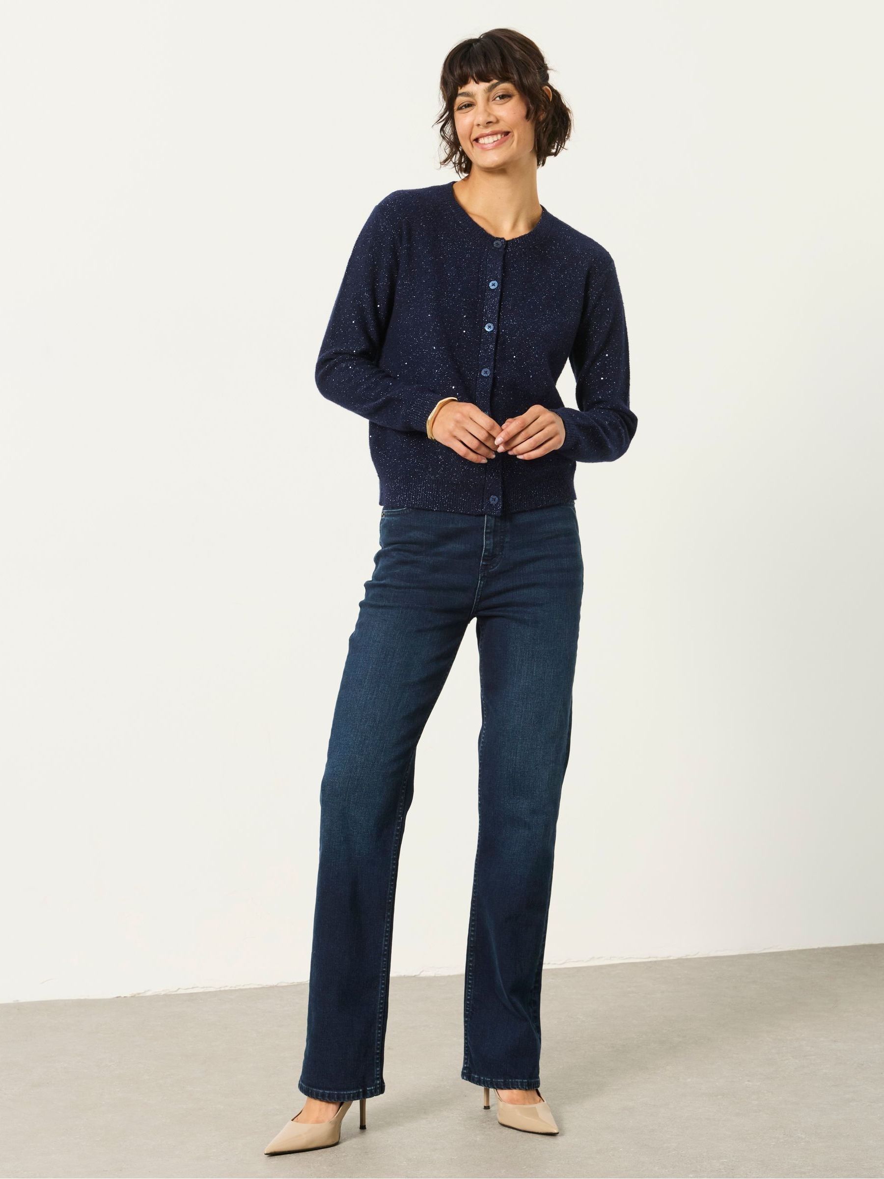 Skylar Navy Knitted Sequin Sparkle Crew Cardigan - Image 4 of 6