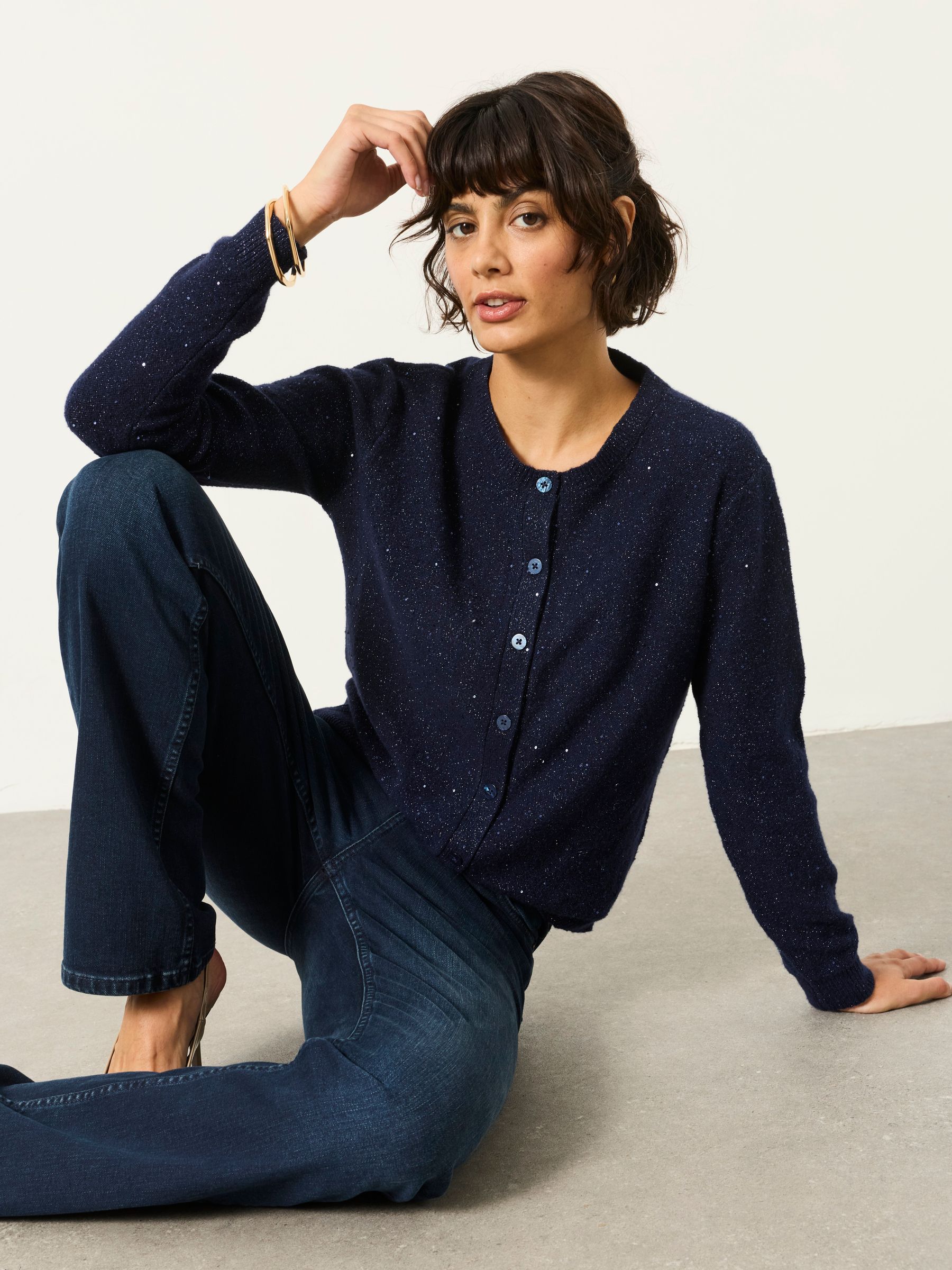 Skylar Navy Knitted Sequin Sparkle Crew Cardigan - Image 5 of 6