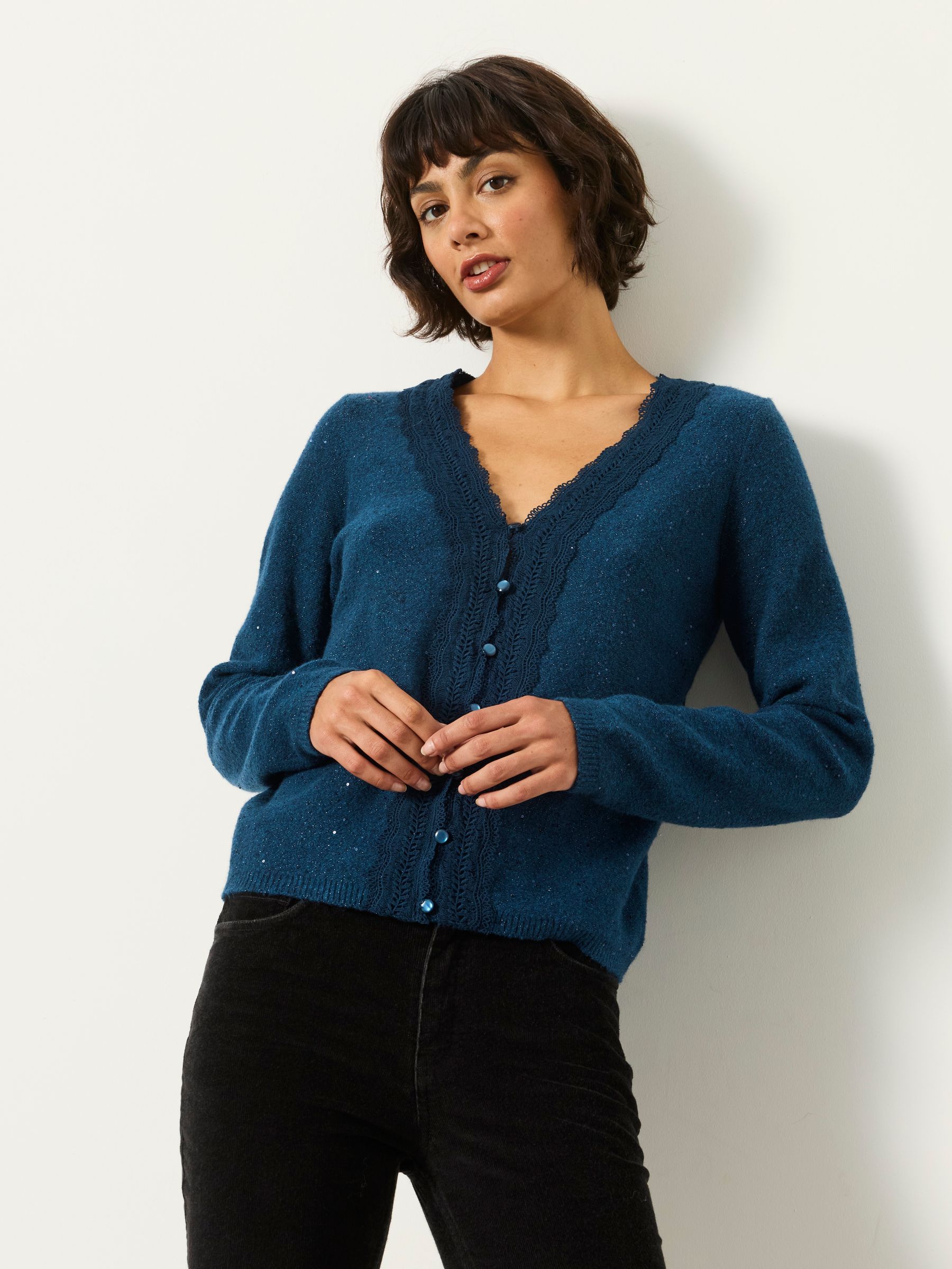 Skylar Teal Blue Knitted Sequin Sparkle Lace Cardigan - Image 1 of 6