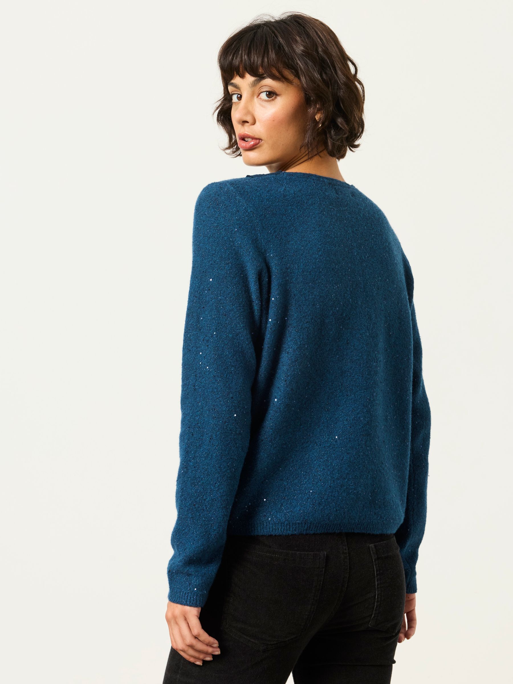 Skylar Teal Blue Knitted Sequin Sparkle Lace Cardigan - Image 2 of 6
