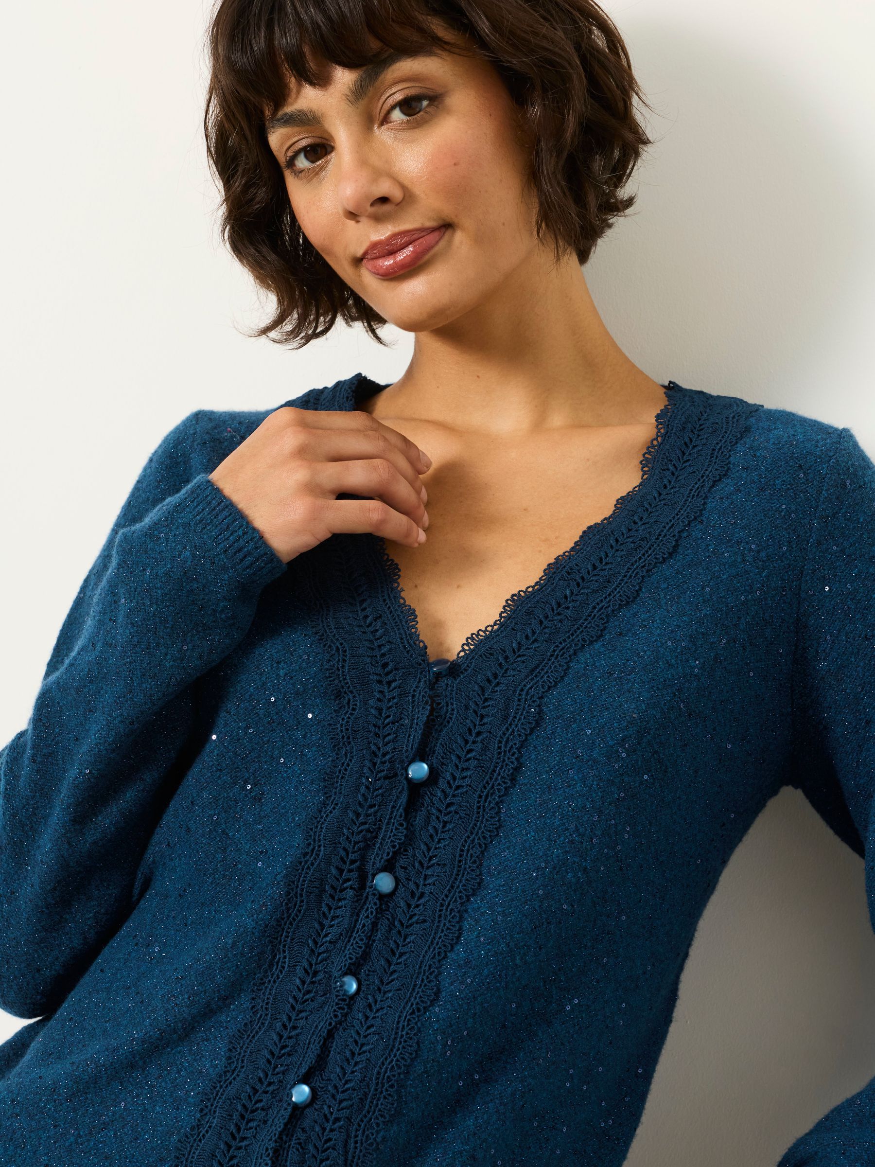 Skylar Teal Blue Knitted Sequin Sparkle Lace Cardigan - Image 3 of 6