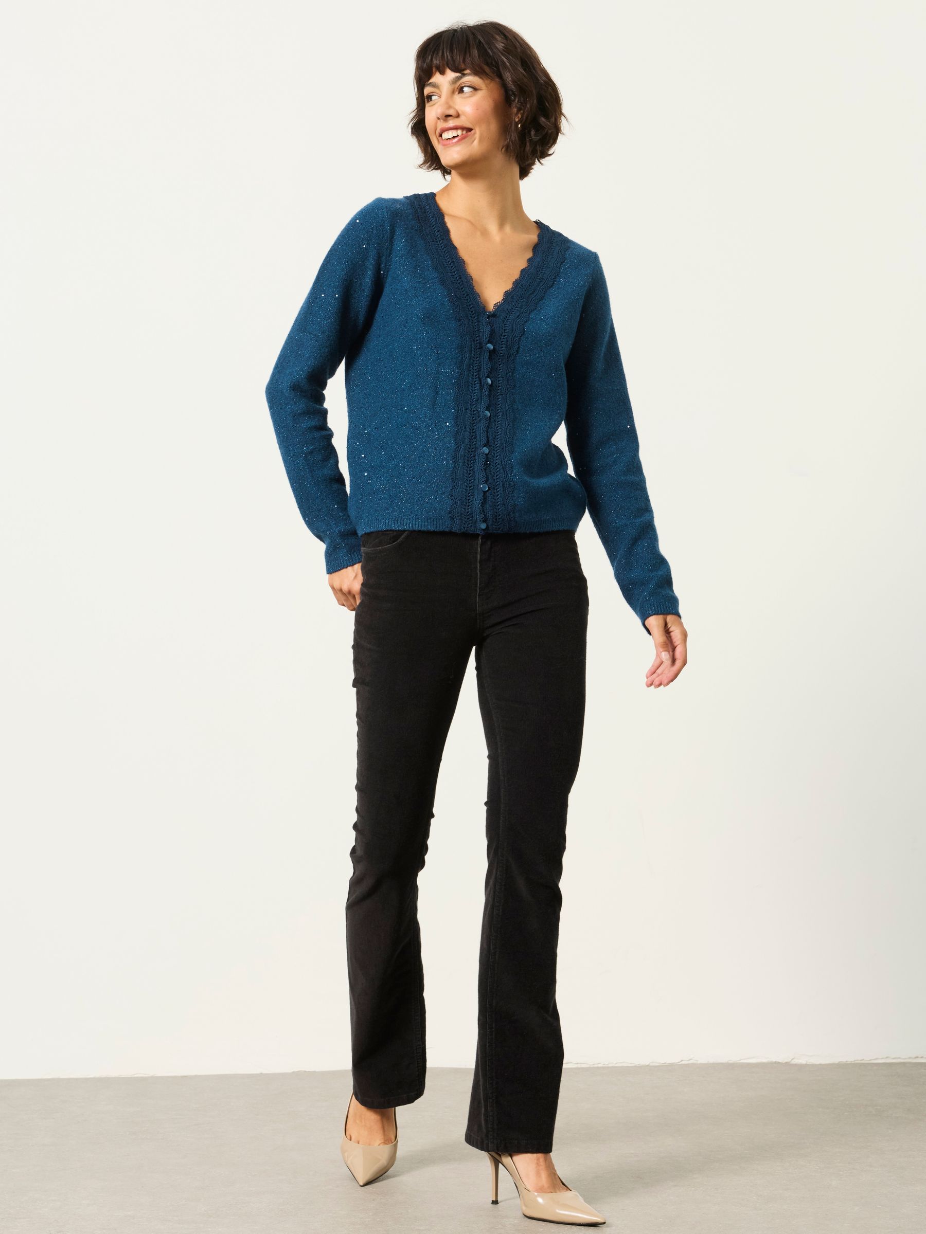 Skylar Teal Blue Knitted Sequin Sparkle Lace Cardigan - Image 4 of 6