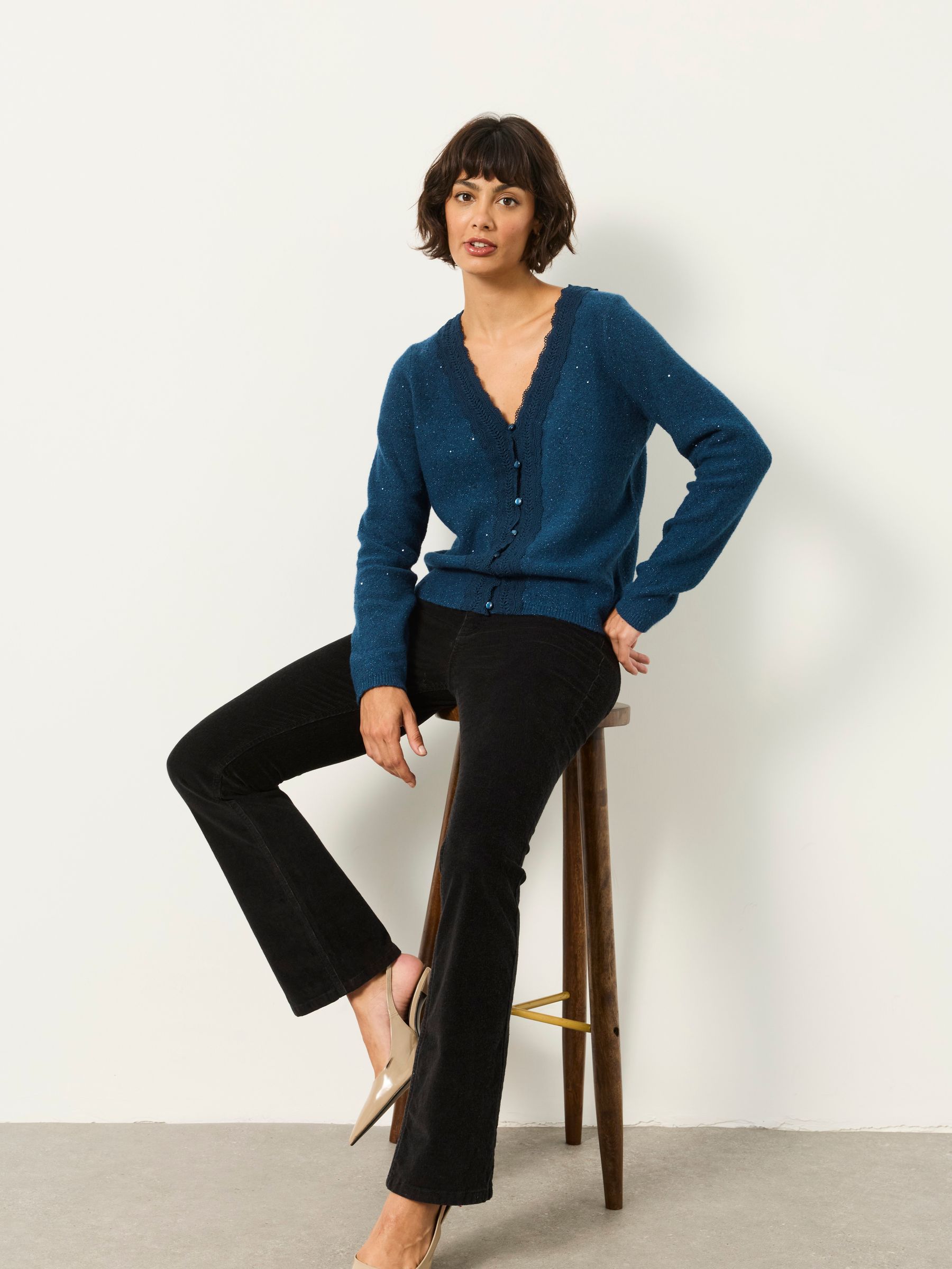 Skylar Teal Blue Knitted Sequin Sparkle Lace Cardigan - Image 5 of 6