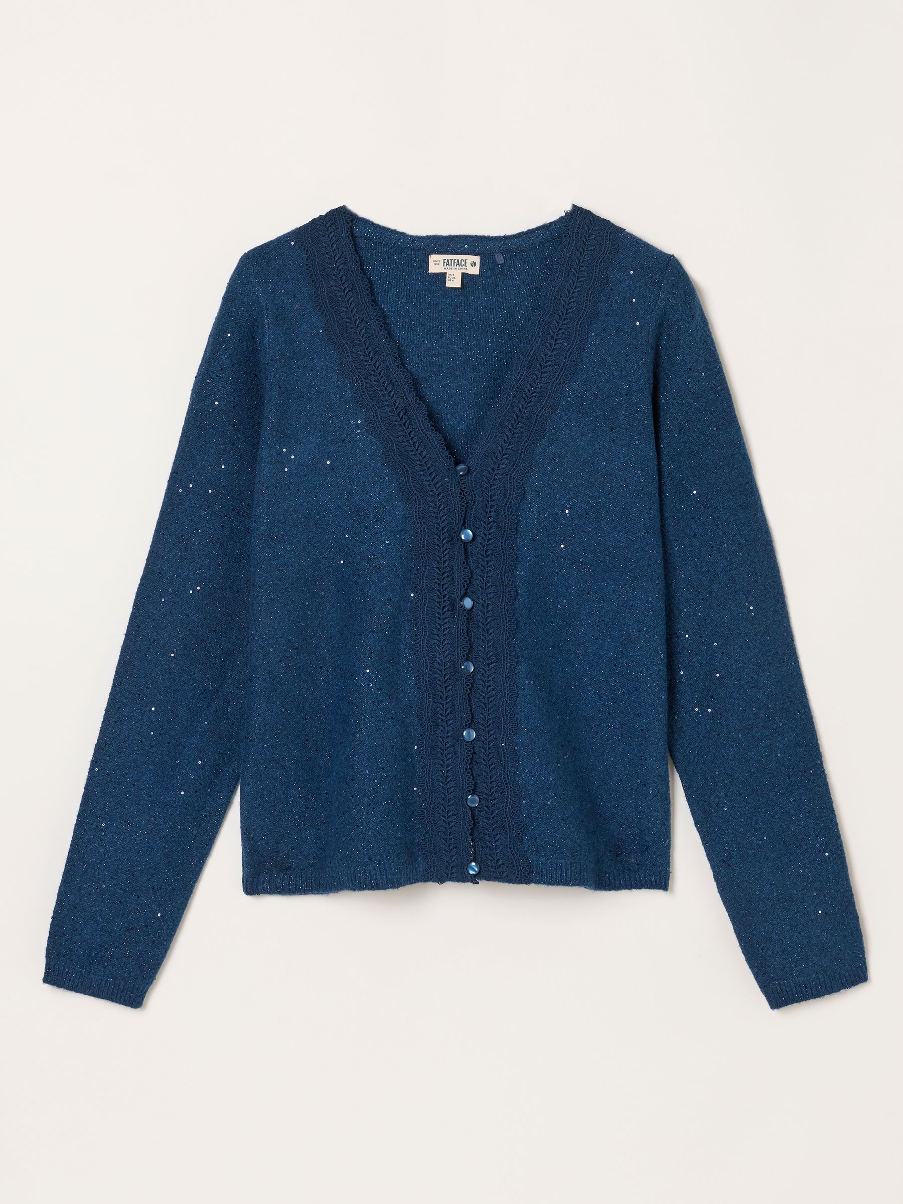 Skylar Teal Blue Knitted Sequin Sparkle Lace Cardigan - Image 6 of 6