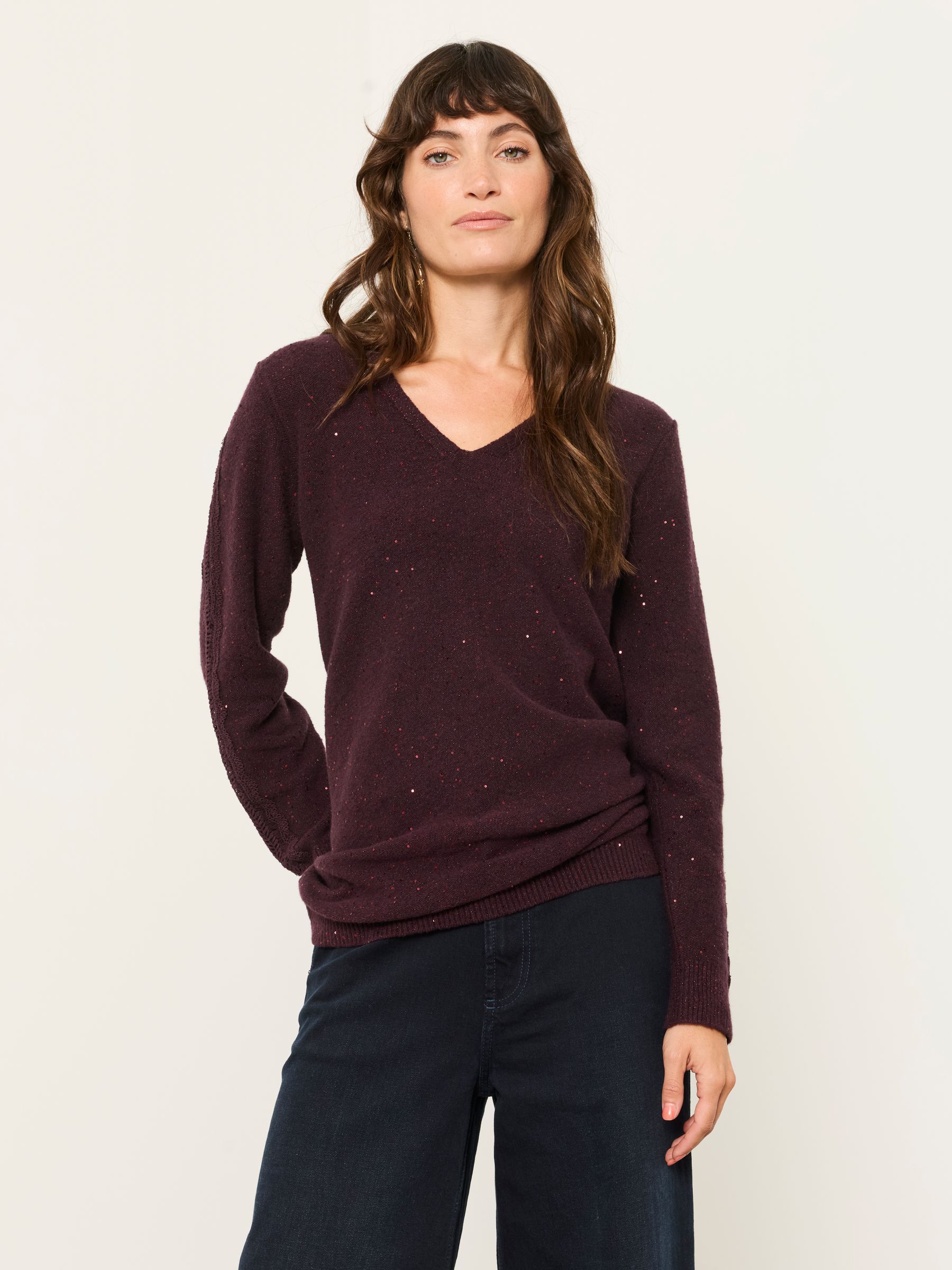 Skylar Burgundy Red Knitted Sequin Sparkle Lace Tunic - Image 1 of 6 Skylar Burgundy Red Knitted Sequin Sparkle Lace Tunic - Image 1 of 6