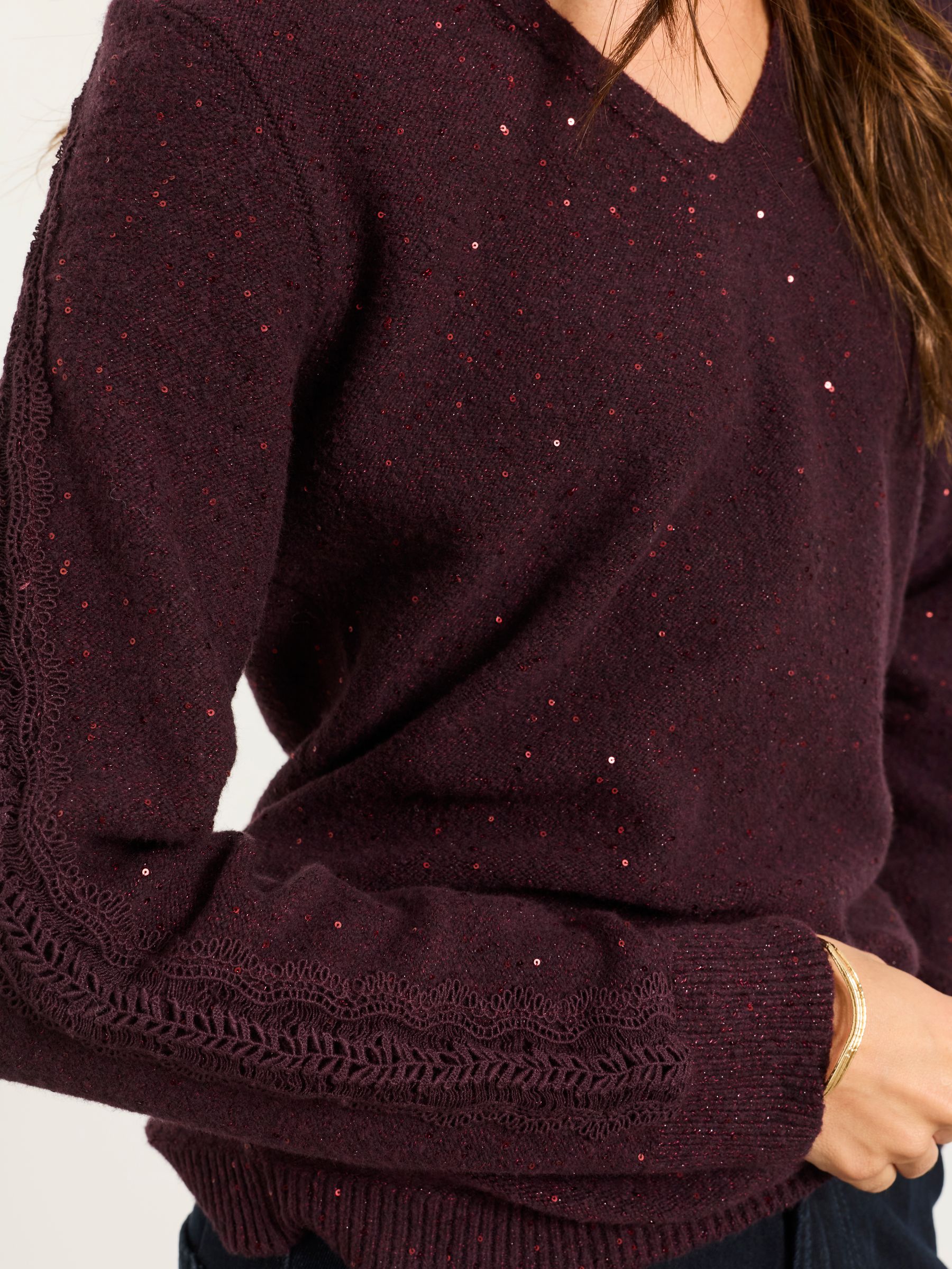 Skylar Burgundy Red Knitted Sequin Sparkle Lace Tunic - Image 4 of 6
