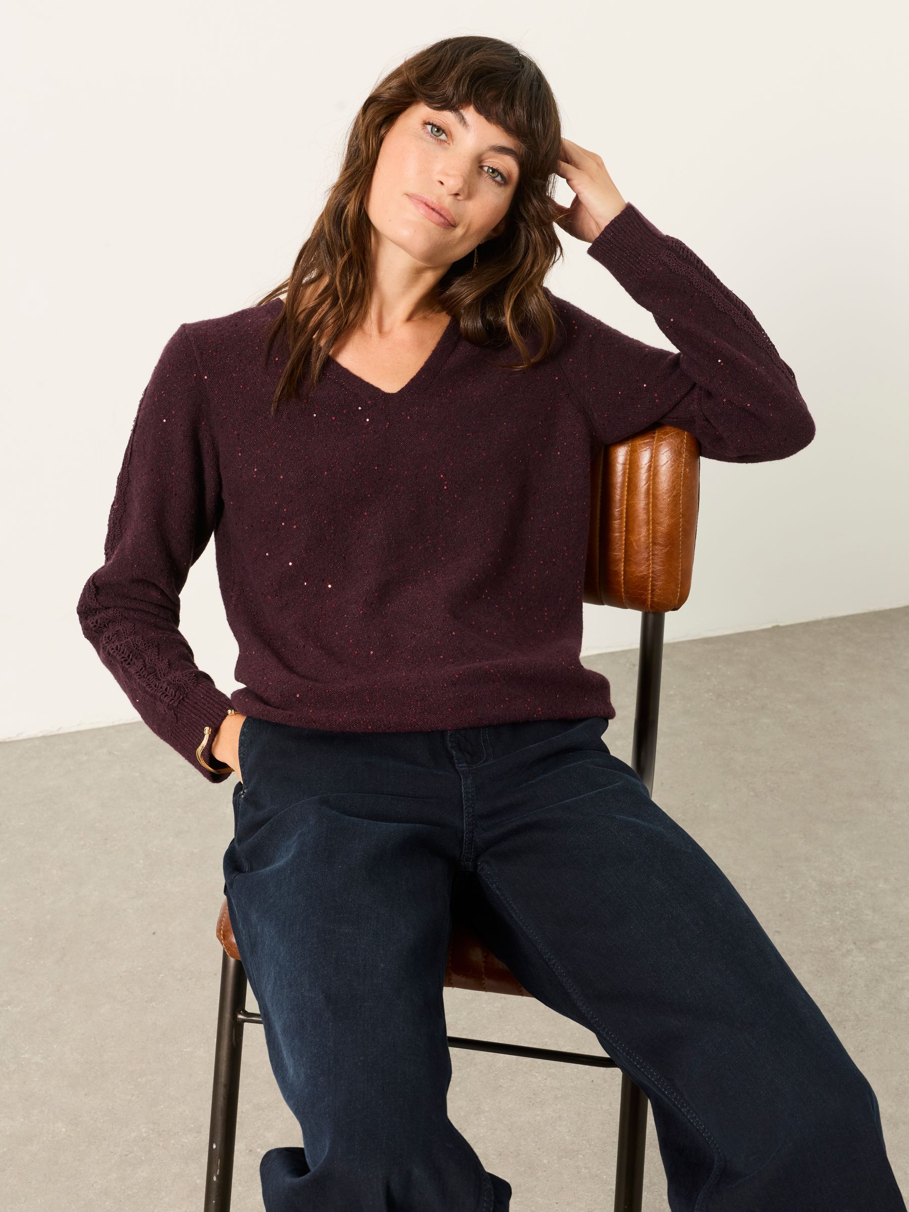 Skylar Burgundy Red Knitted Sequin Sparkle Lace Tunic - Image 5 of 6