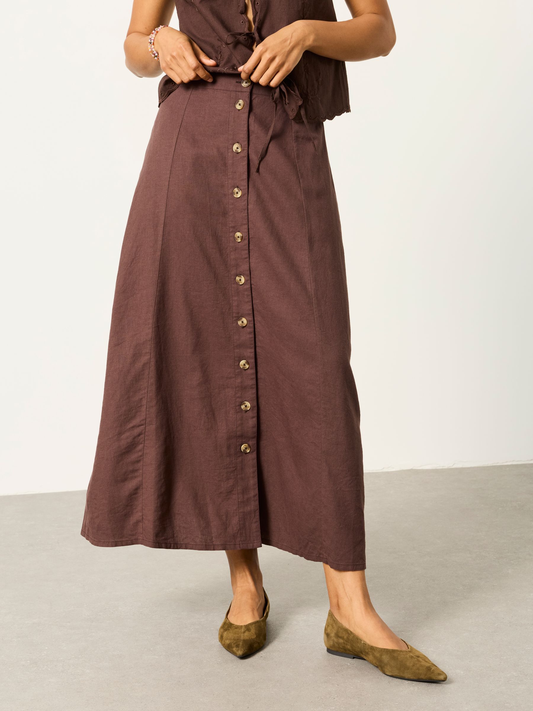 Issa Chocolate Brown Linen Midi Skirt | FatFace USA