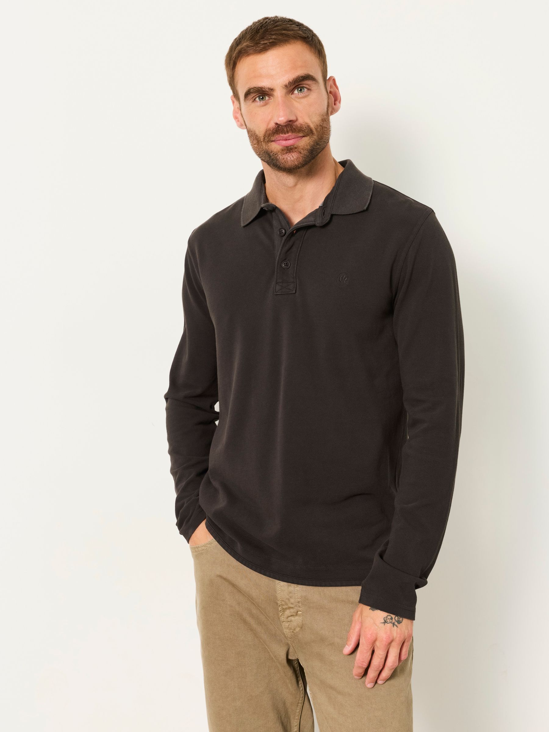 Washed Black Long Sleeve Pique Polo Shirt - Image 1 of 6