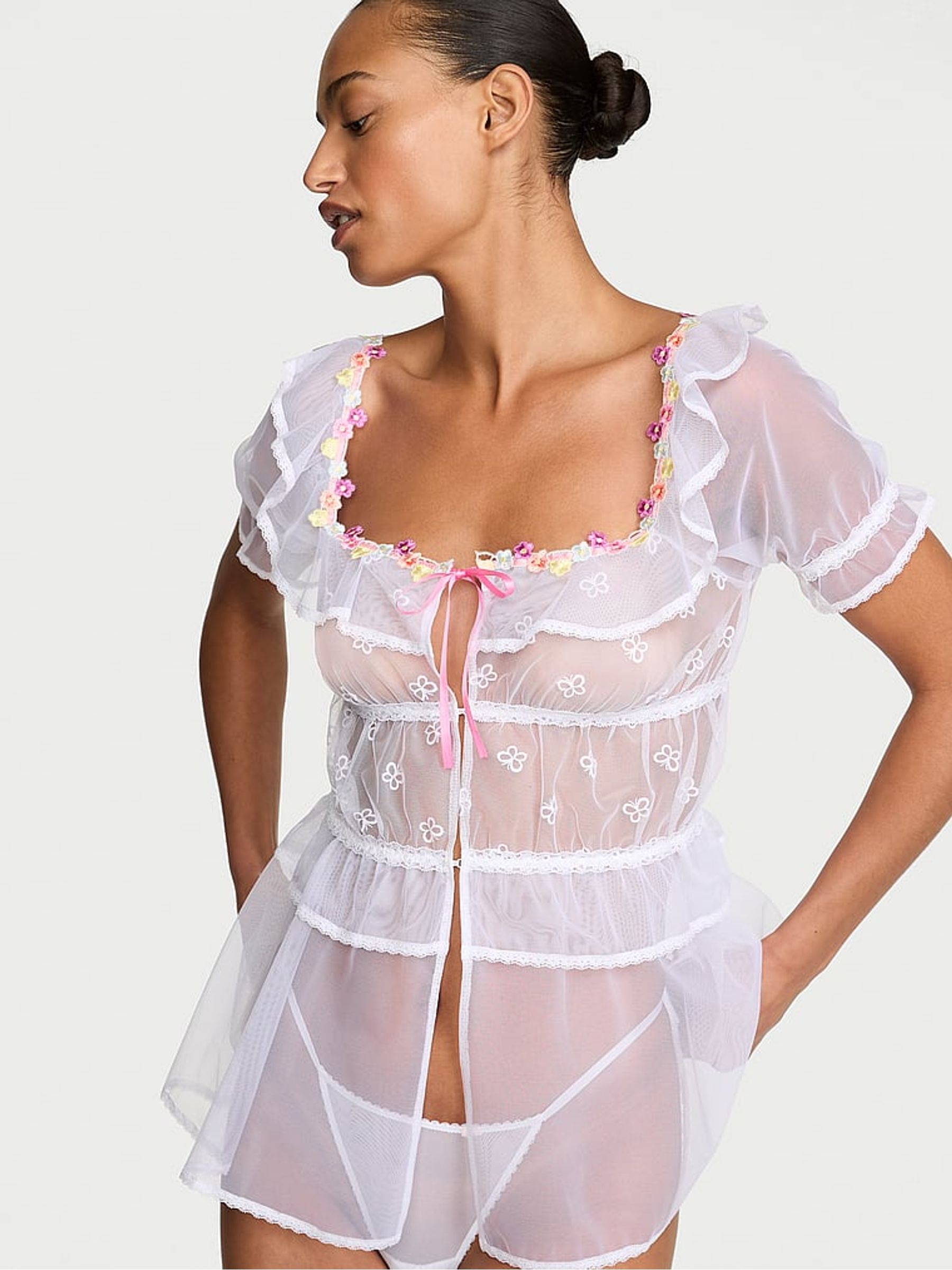 White Butterflies Embroidery Tulle Short Sleeve Babydoll Set - Image 1 of 2