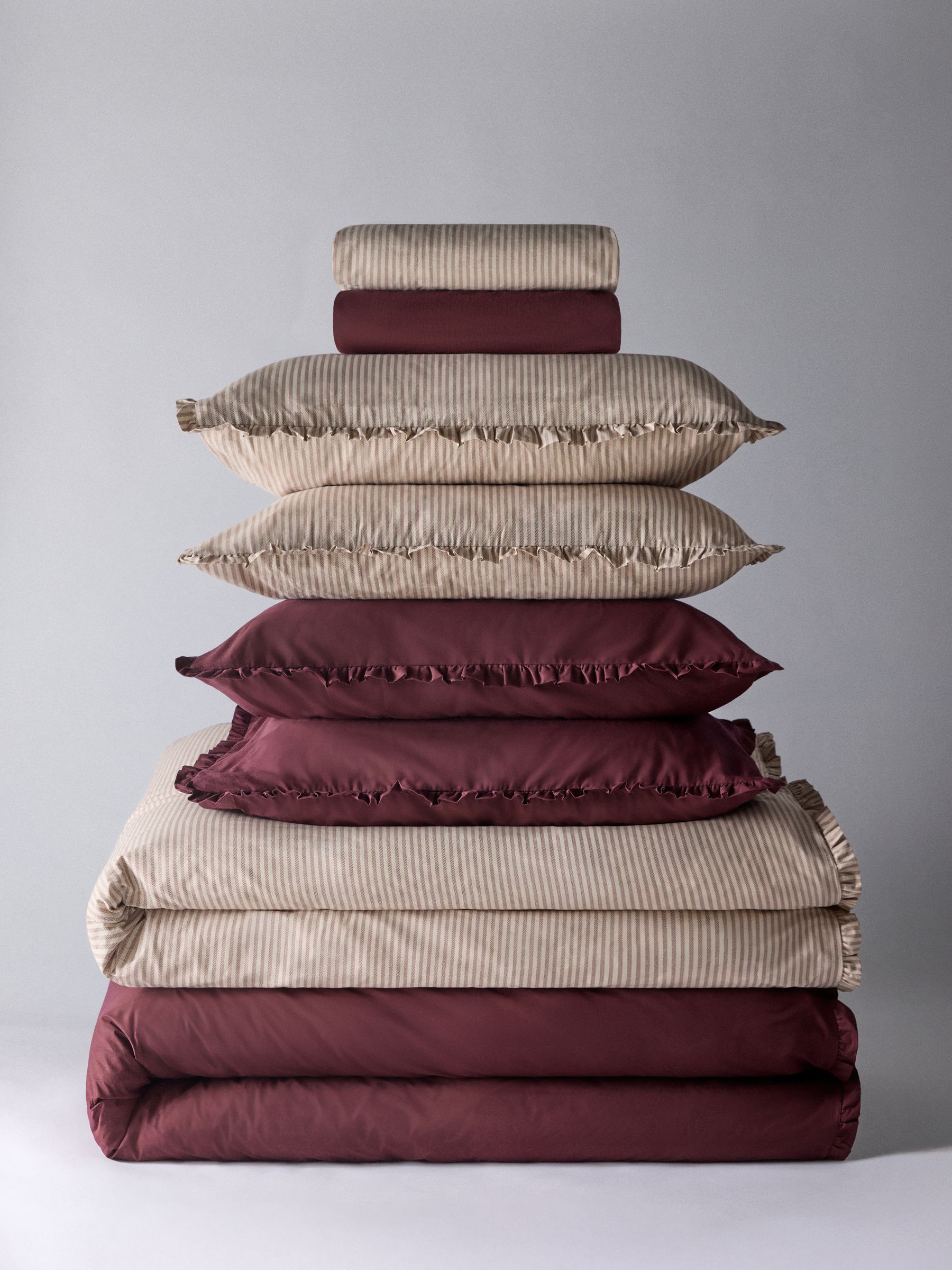 The Set 8 Piece Burgundy/Stripe Frill Duvet Cover and Pillowcase Set with Fitted Sheets - Image 1 of 6