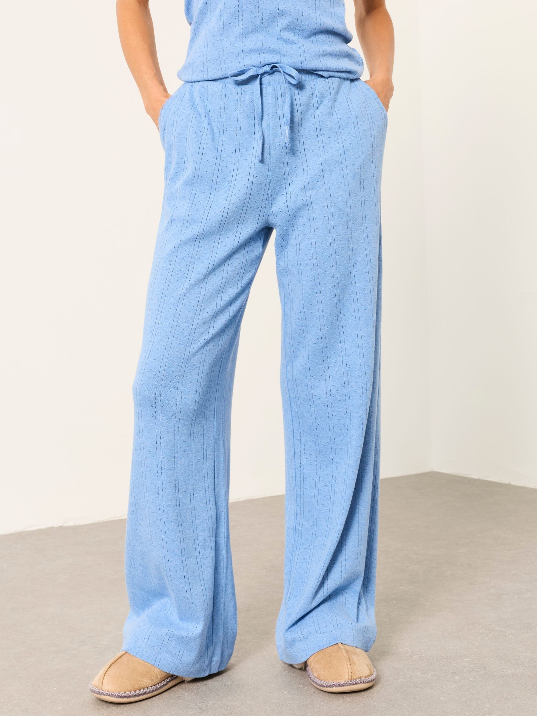 Lola Light Blue Pointelle Wide Leg Trousers - Image 1 of 6 Lola Light Blue Pointelle Wide Leg Trousers - Image 1 of 6