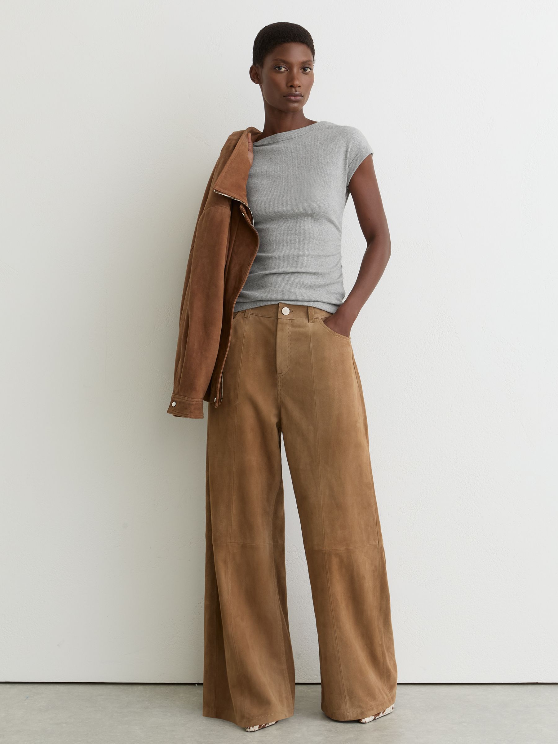 Stretch-Cotton Scoop-Back Top in Grey Marl - Image 1 of 6 Stretch-Cotton Scoop-Back Top in Grey Marl - Image 1 of 6