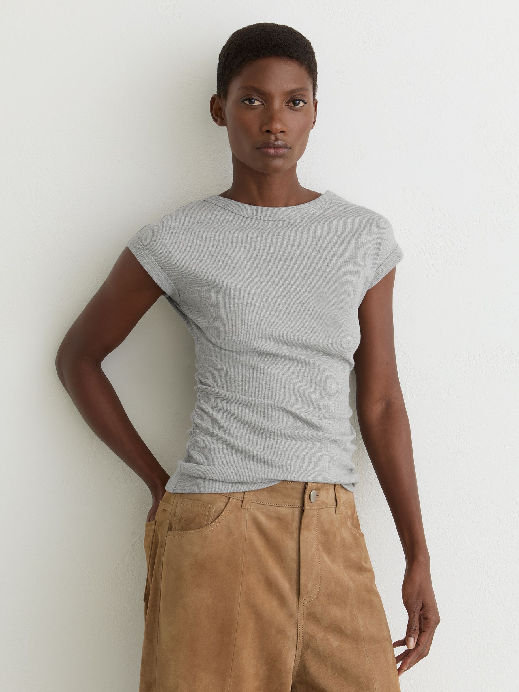 Stretch-Cotton Scoop-Back Top in Grey Marl - Image 4 of 6