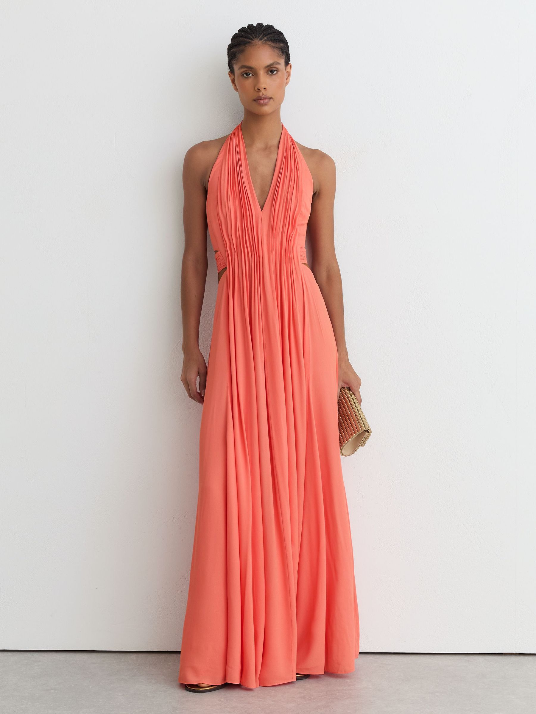 Reiss - Coral Pink Petite Halterneck Pleated Maxi Dress, 16