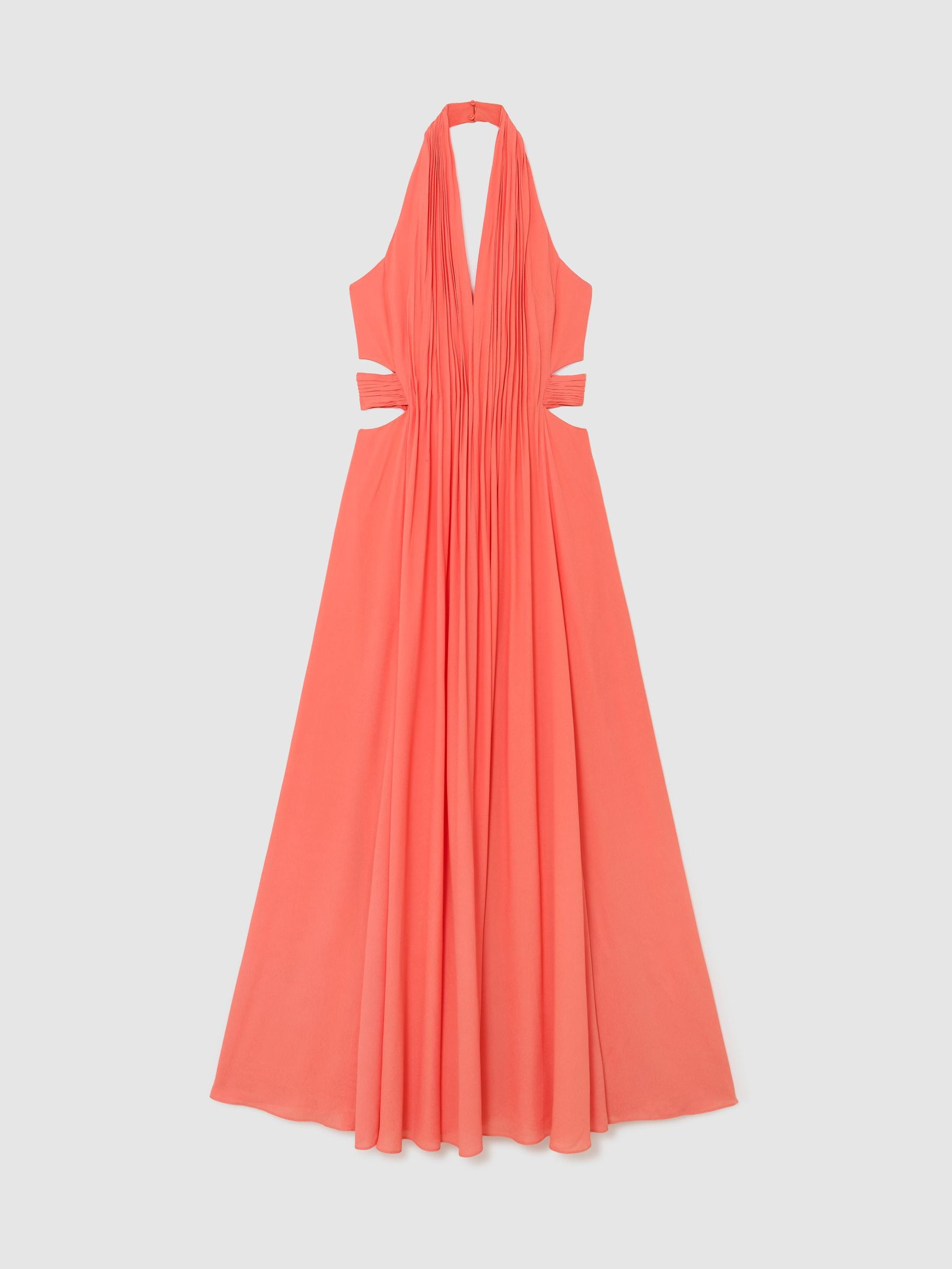 Petite Halterneck Pleated Maxi Dress in Coral Pink - Image 2 of 9 Petite Halterneck Pleated Maxi Dress in Coral Pink - Image 2 of 9