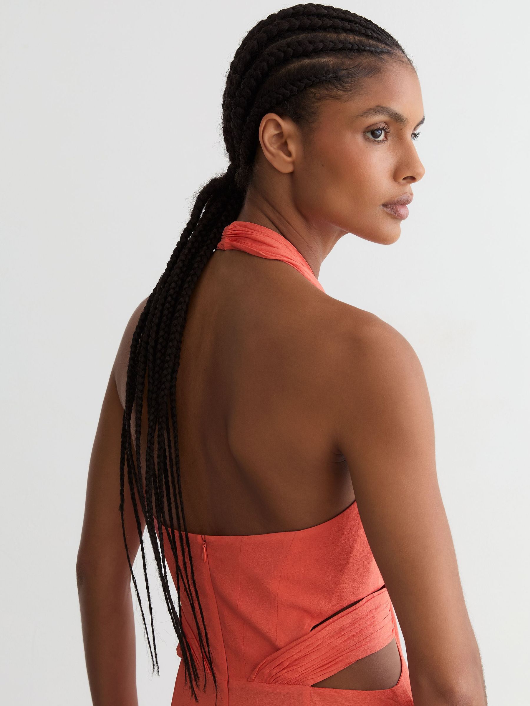 Petite Halterneck Pleated Maxi Dress in Coral Pink - Image 4 of 9