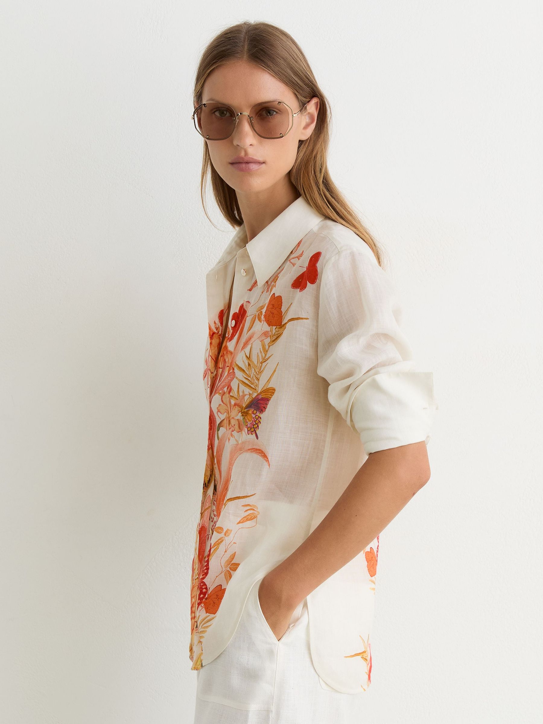 Reiss | NYBG Ramie Butterfly-Print Shirt in Ivory - Image 4 of 7