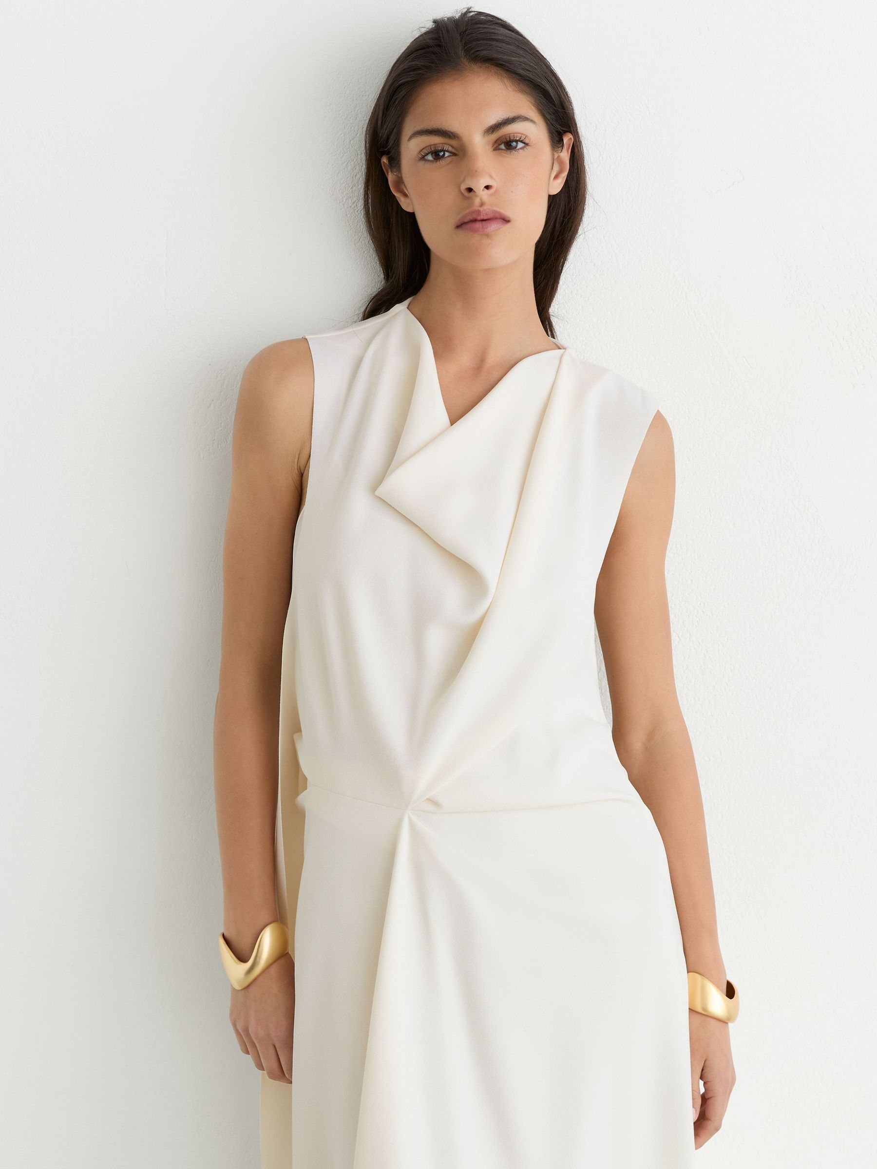 Drape-Detail Sleeveless Midi Dress in Ivory - Image 4 of 7