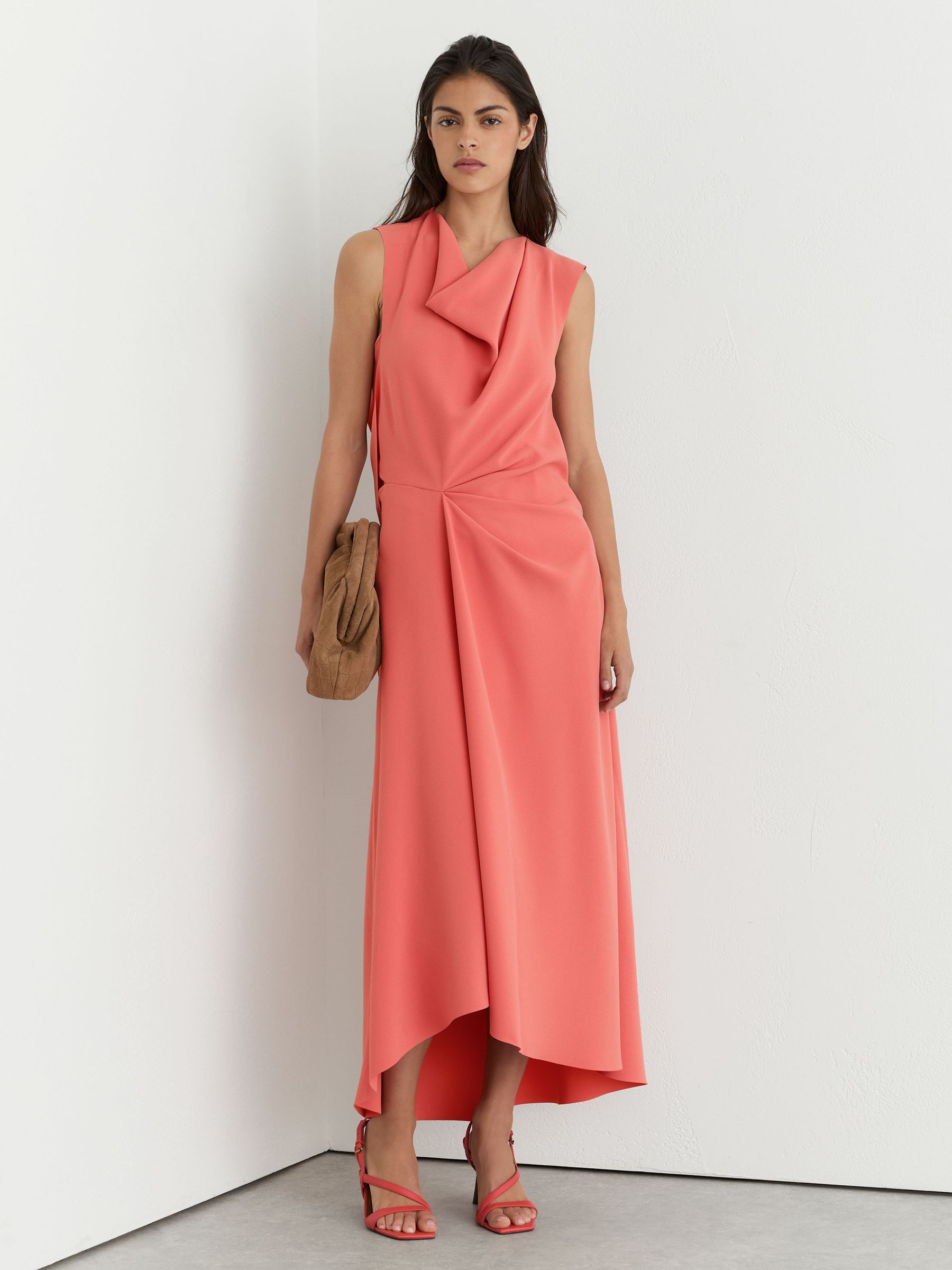 Drape-Detail Sleeveless Midi Dress in Coral Pink - Image 1 of 7