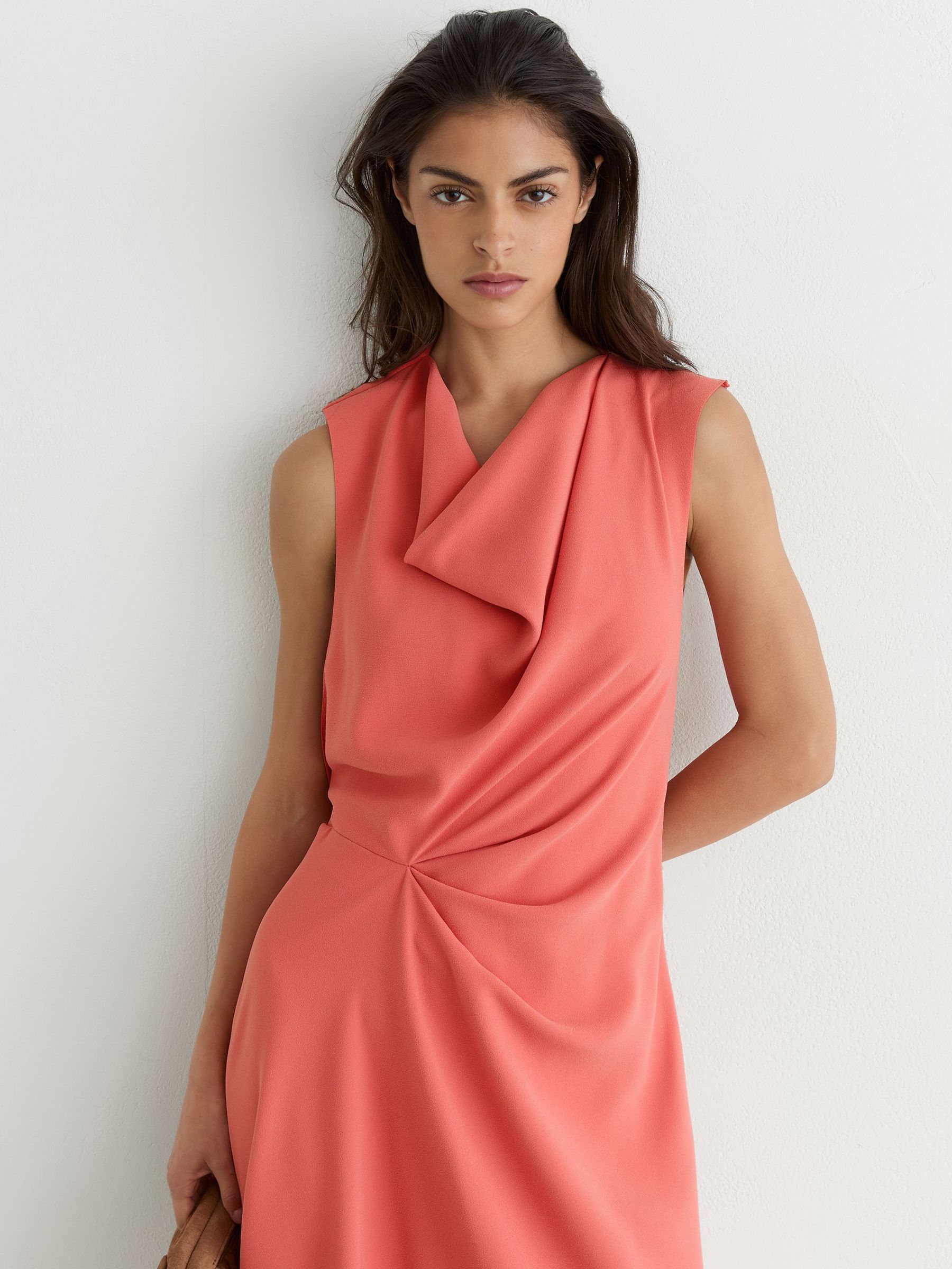 Drape-Detail Sleeveless Midi Dress in Coral Pink - Image 3 of 7