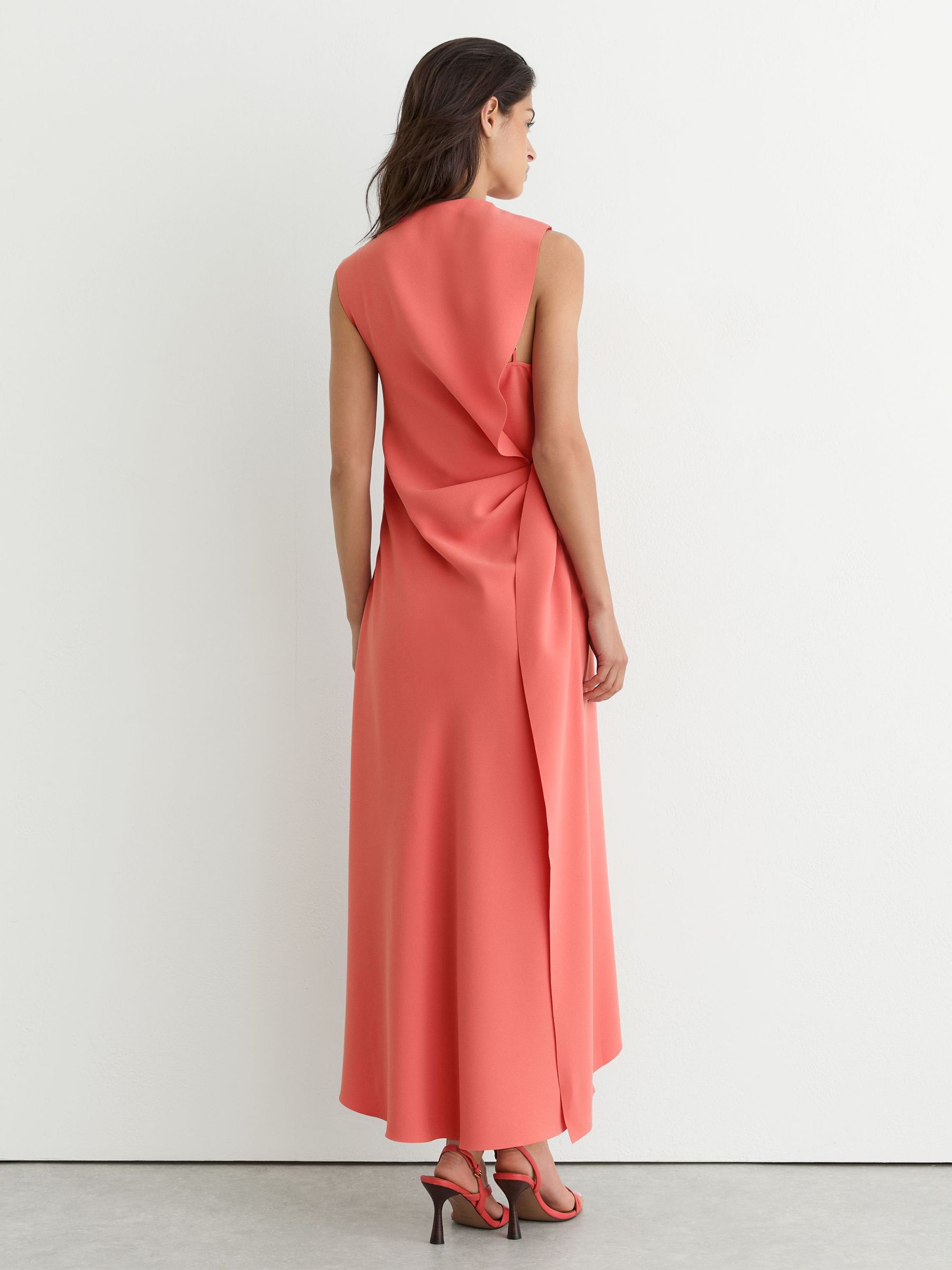 Drape-Detail Sleeveless Midi Dress in Coral Pink - Image 5 of 7