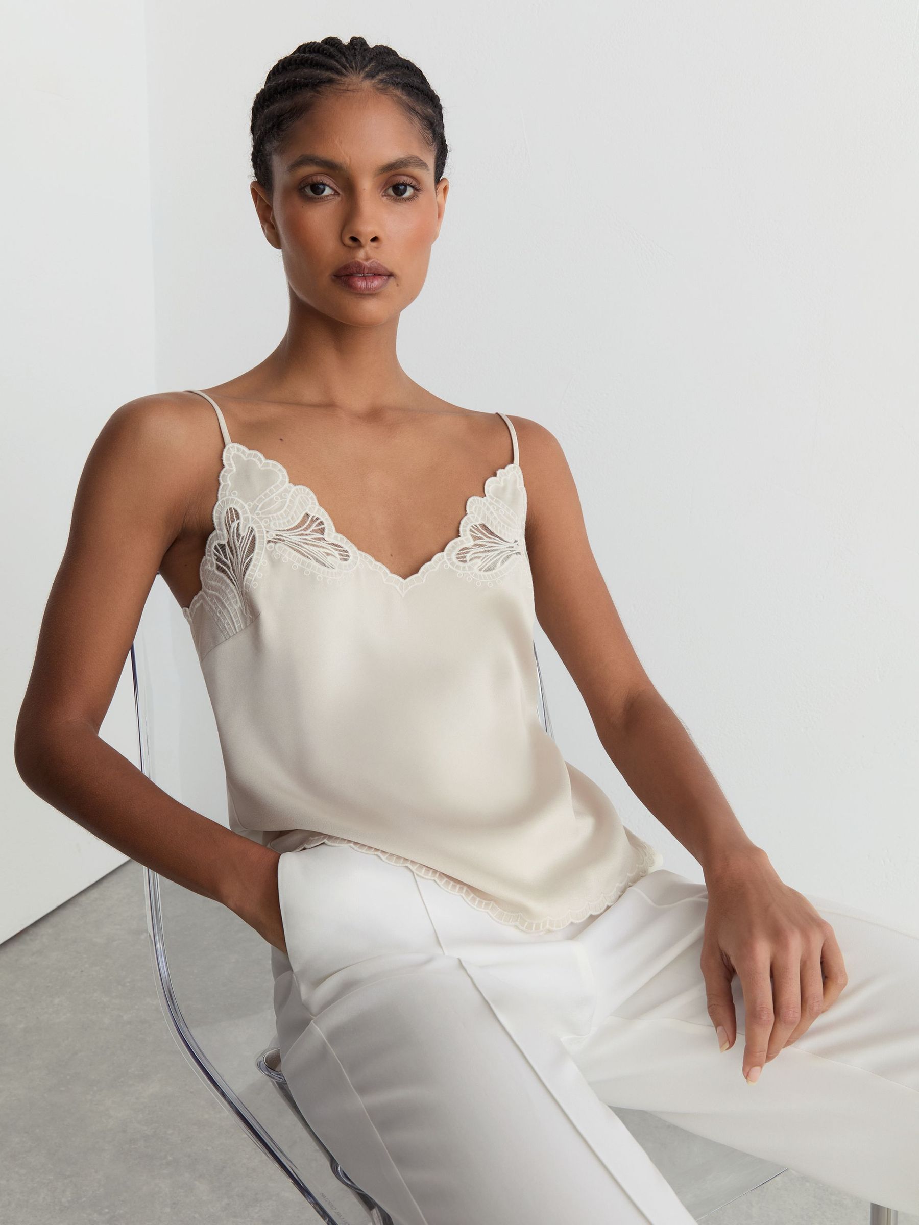 Satin Lace-Detail Cami Top in Neutral - Image 1 of 7