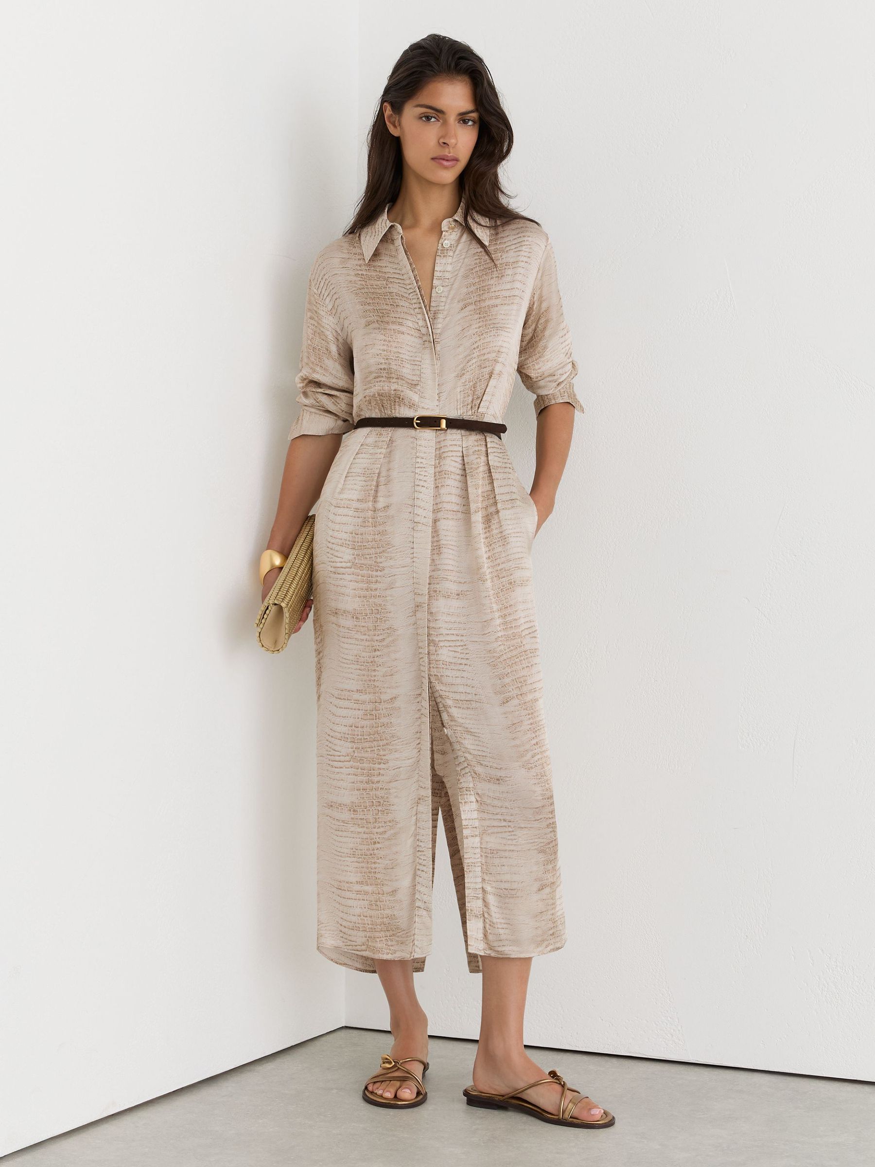 Snake-Print Belted Midi Shirt Dress in Neutral - Image 1 of 8 Snake-Print Belted Midi Shirt Dress in Neutral - Image 1 of 8
