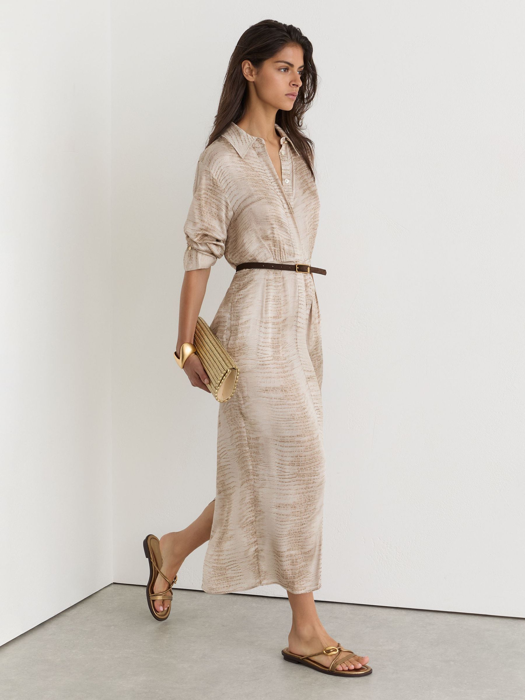 Snake-Print Belted Midi Shirt Dress in Neutral - Image 4 of 8