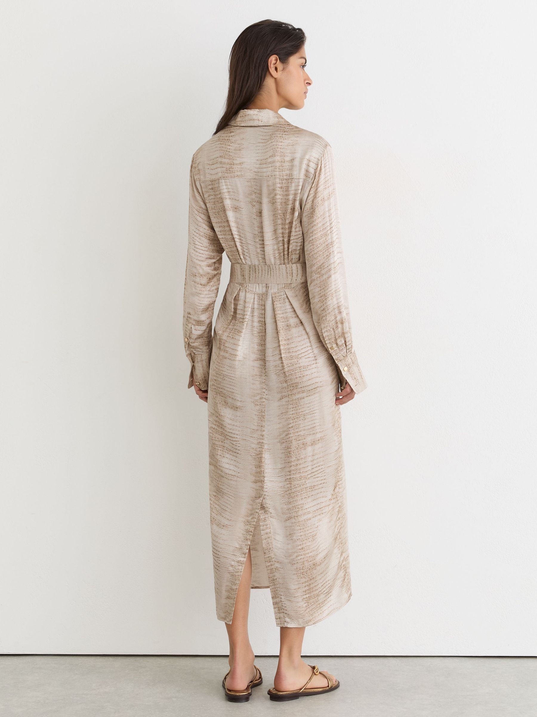 Snake-Print Belted Midi Shirt Dress in Neutral - Image 7 of 8