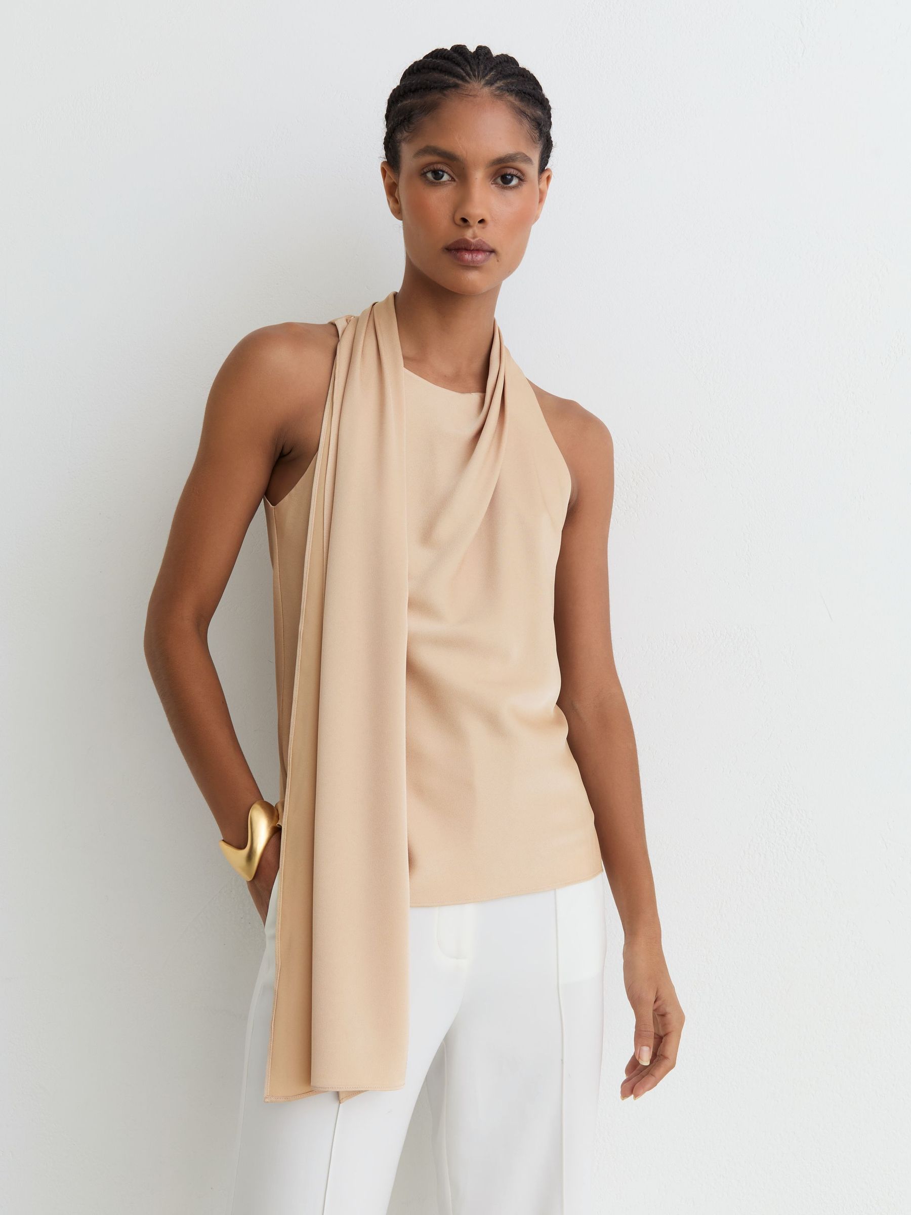 Draped Scarf-Detail Sleeveless Top in Neutral - Image 1 of 6