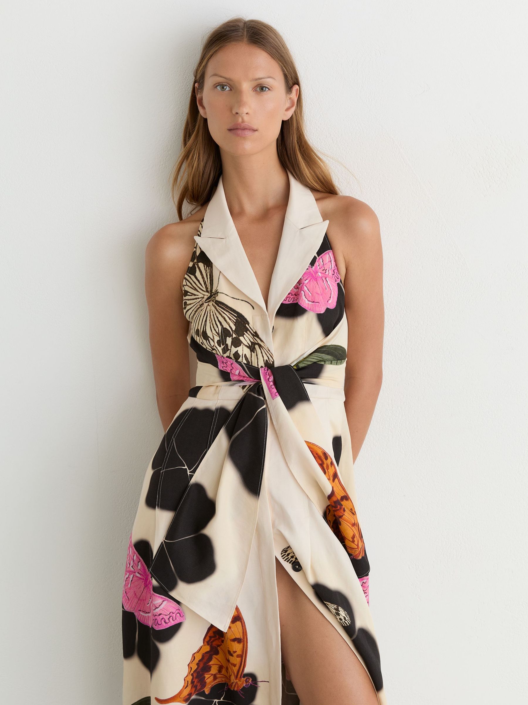 Reiss | NYBG Butterfly-Print Midi Dress in Ivory/Black - Image 1 of 7 Reiss | NYBG Butterfly-Print Midi Dress in Ivory/Black - Image 1 of 7