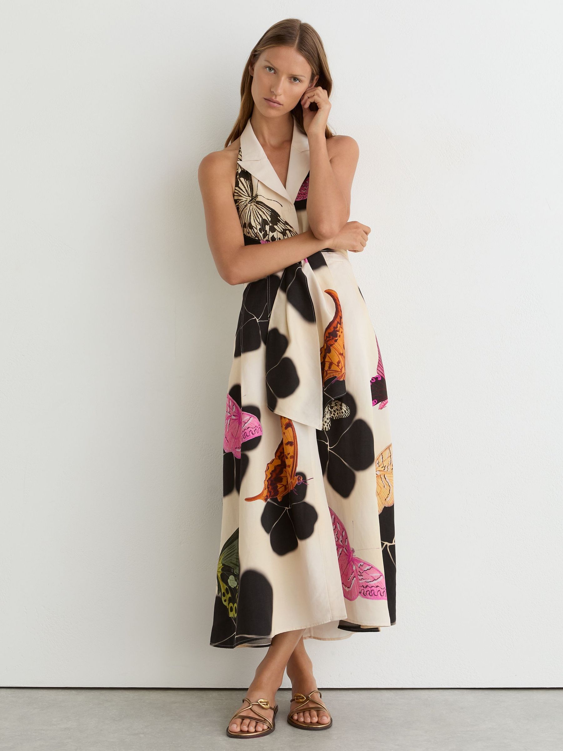 Reiss | NYBG Butterfly-Print Midi Dress in Ivory/Black - Image 3 of 7