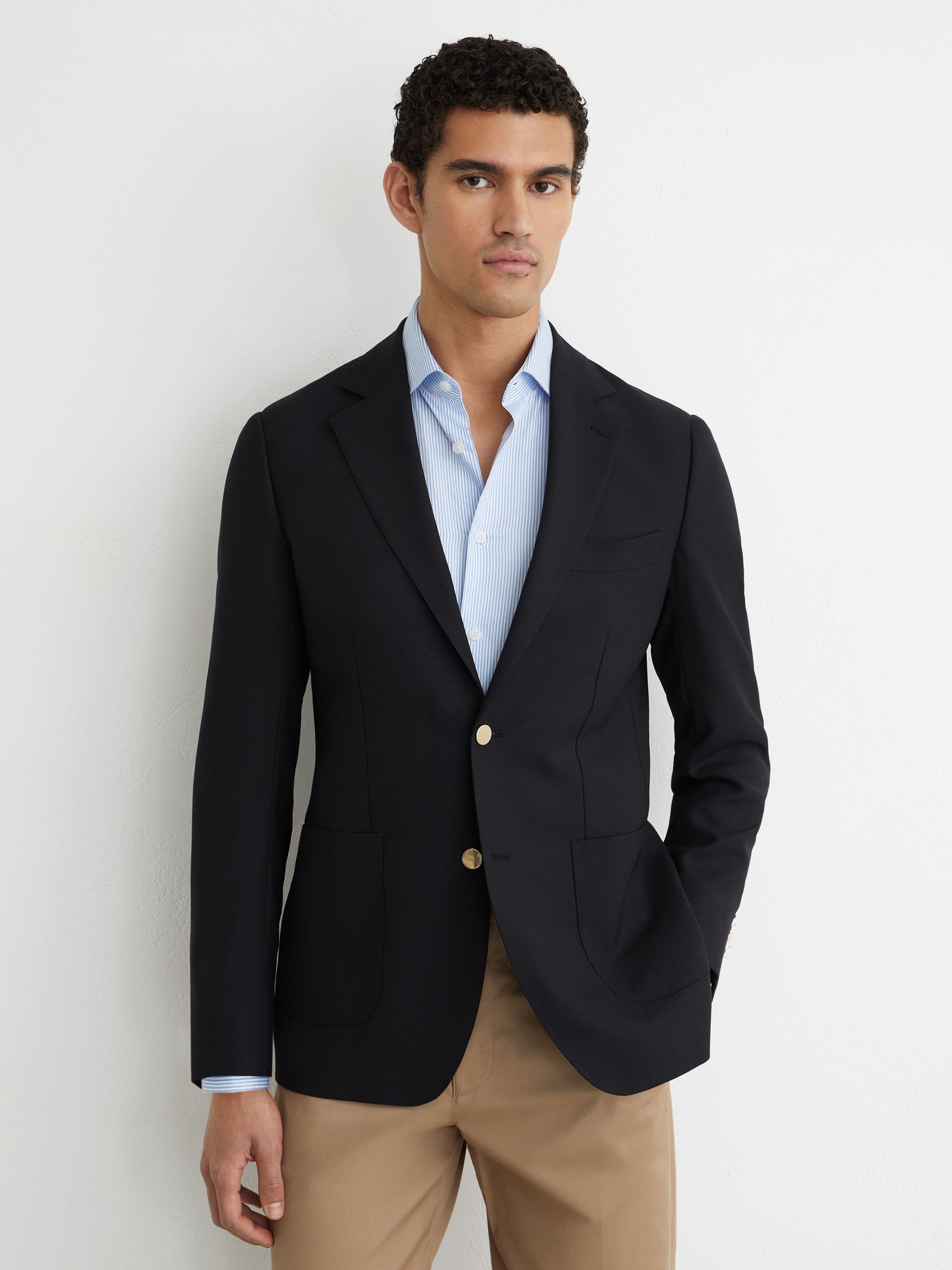 Hopsack Single-Breasted Classic-Fit Blazer with Wool in Navy - image 3