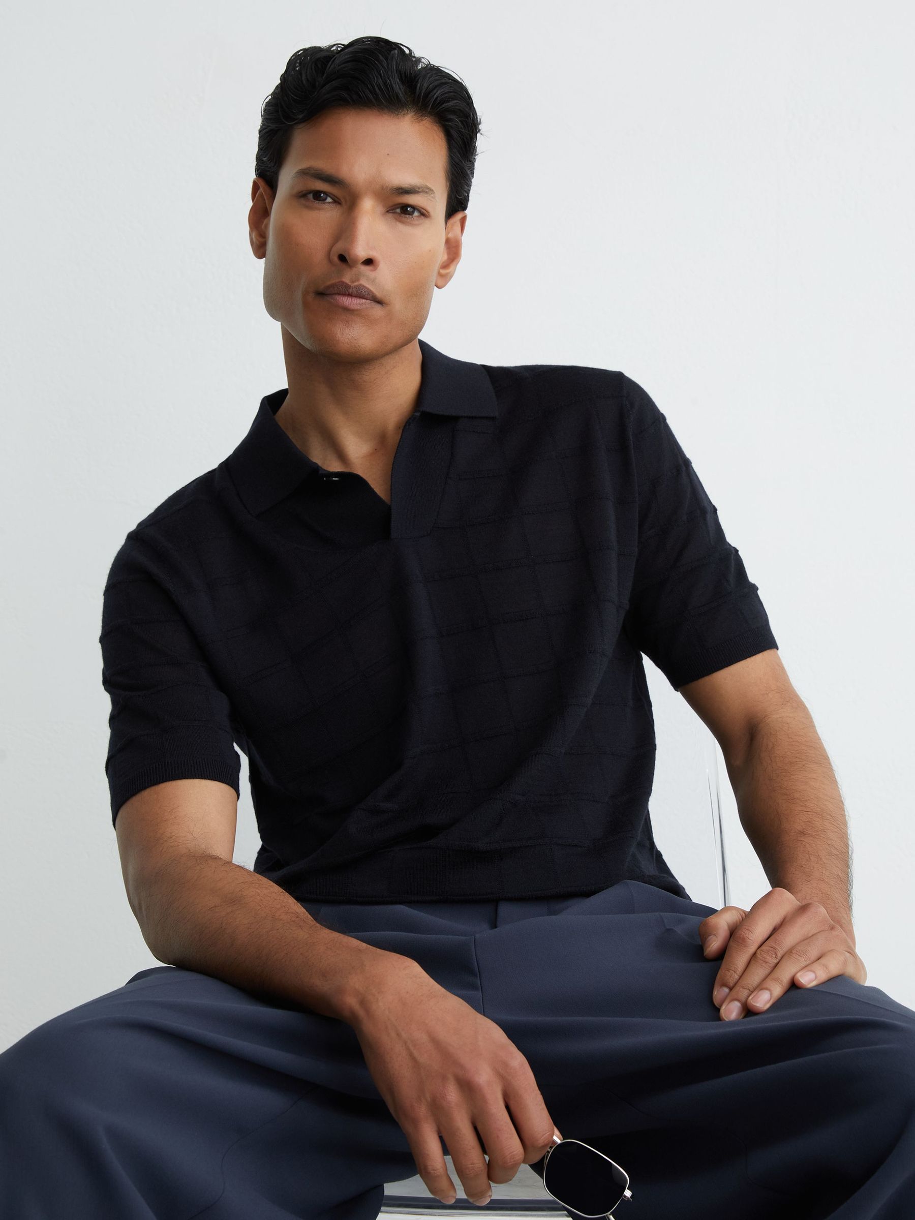 Check-Texture Short-Sleeve Polo Jumper with Wool in Navy - image 2
