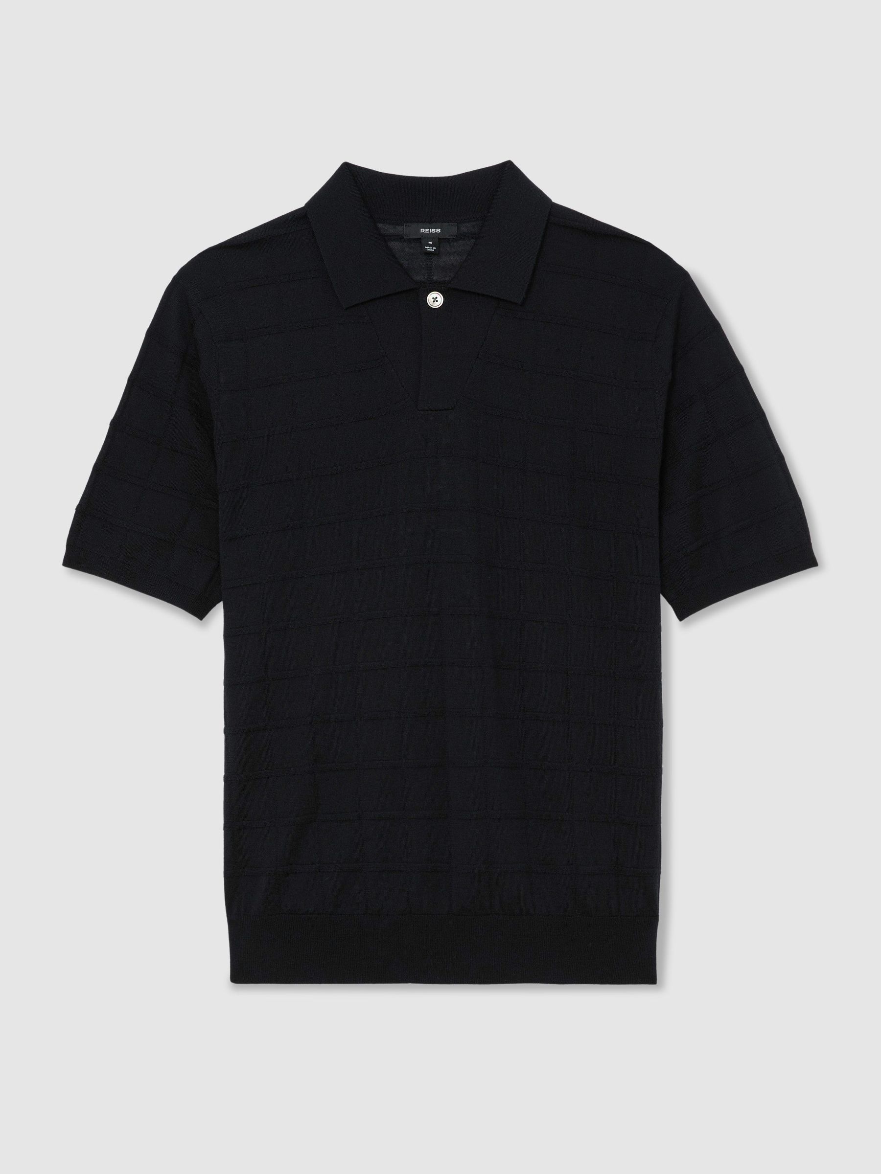Check-Texture Short-Sleeve Polo Jumper with Wool in Navy - Image 2 of 6