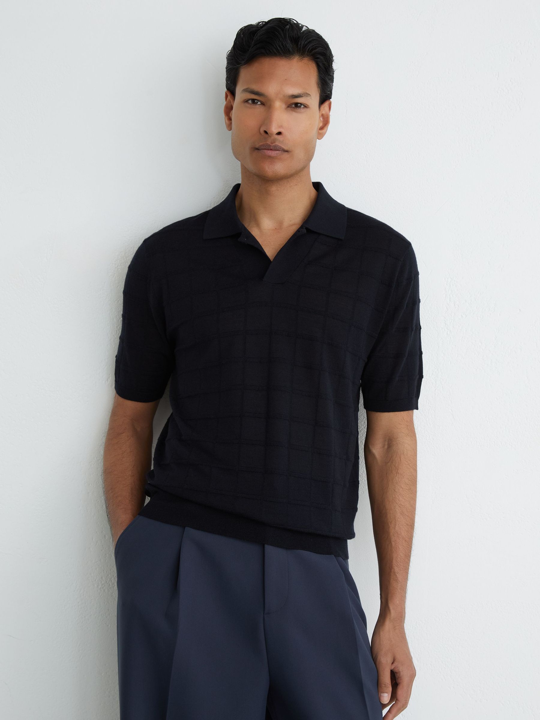 Check-Texture Short-Sleeve Polo Jumper with Wool in Navy - Image 3 of 6