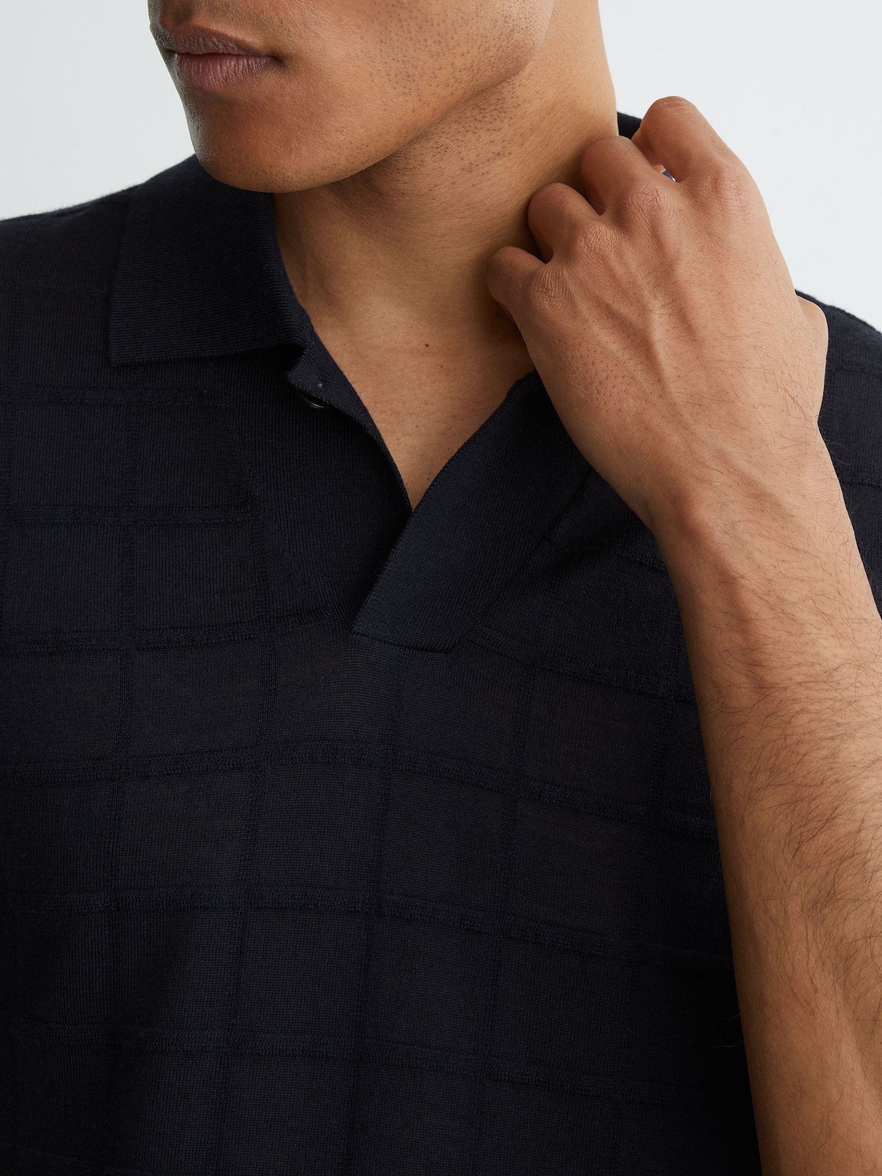 Check-Texture Short-Sleeve Polo Jumper with Wool in Navy - Image 4 of 6