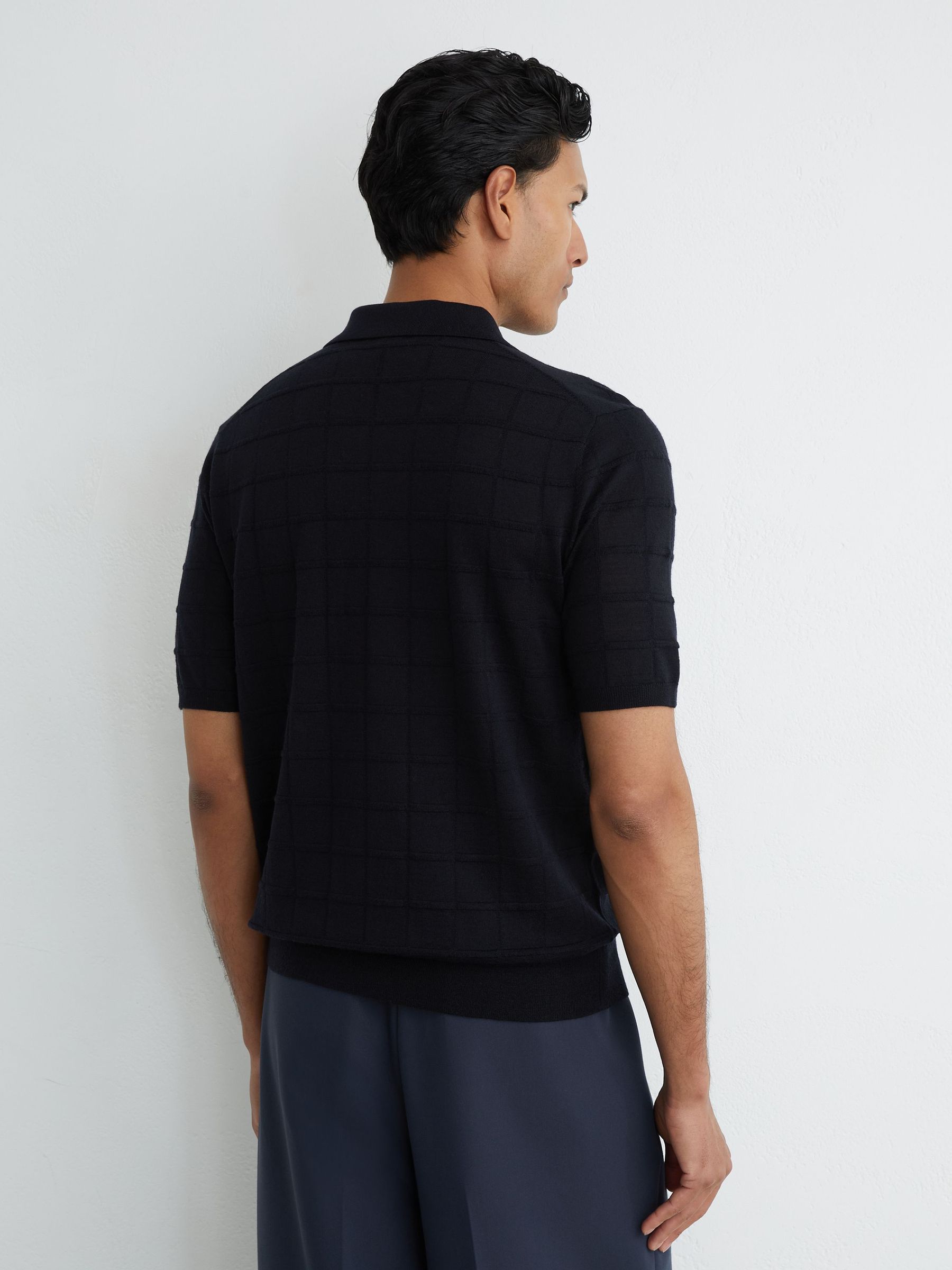 Check-Texture Short-Sleeve Polo Jumper with Wool in Navy - image 4