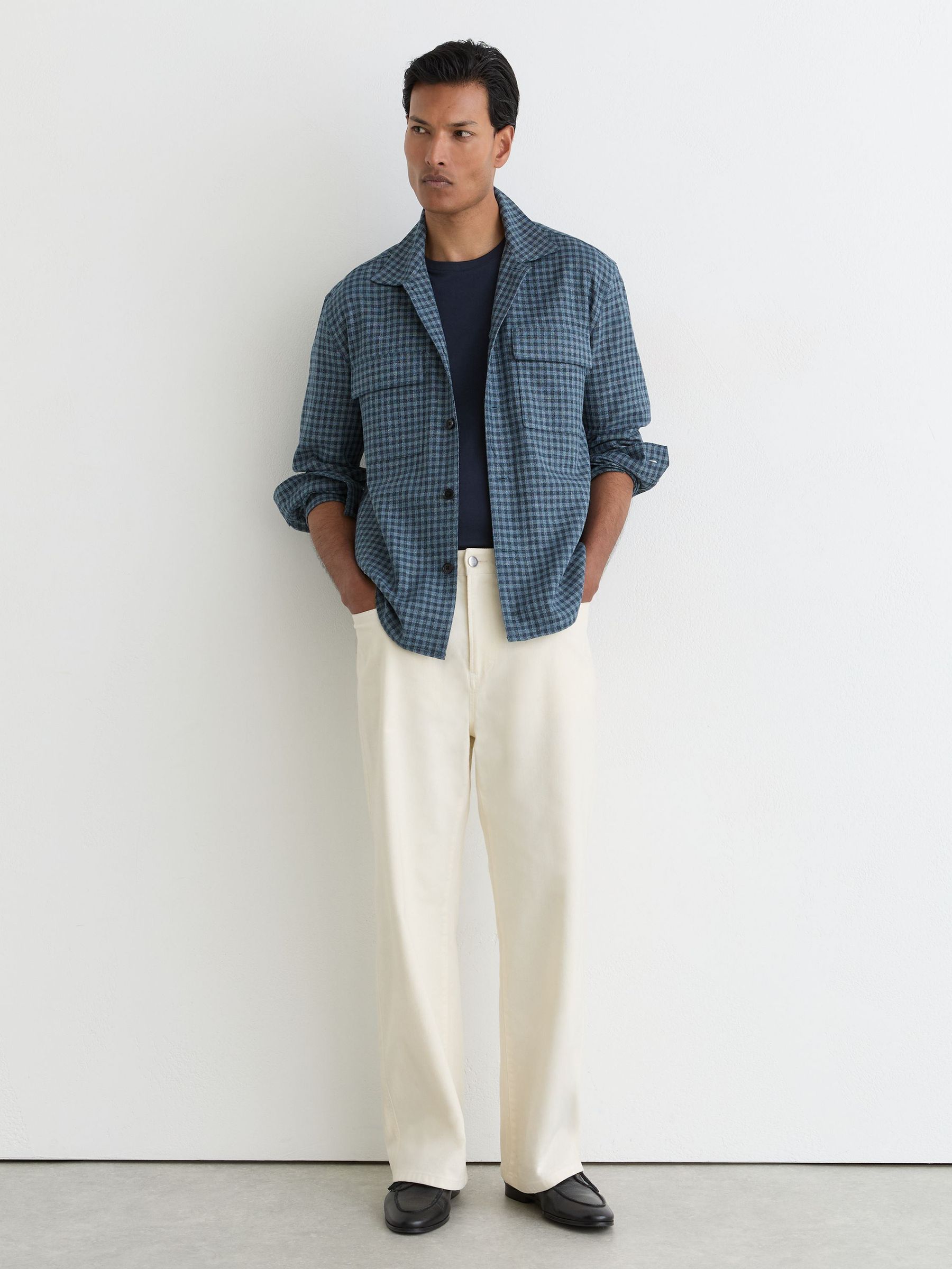 Cotton-Linen Checked Overshirt in Indigo - Image 1 de 7