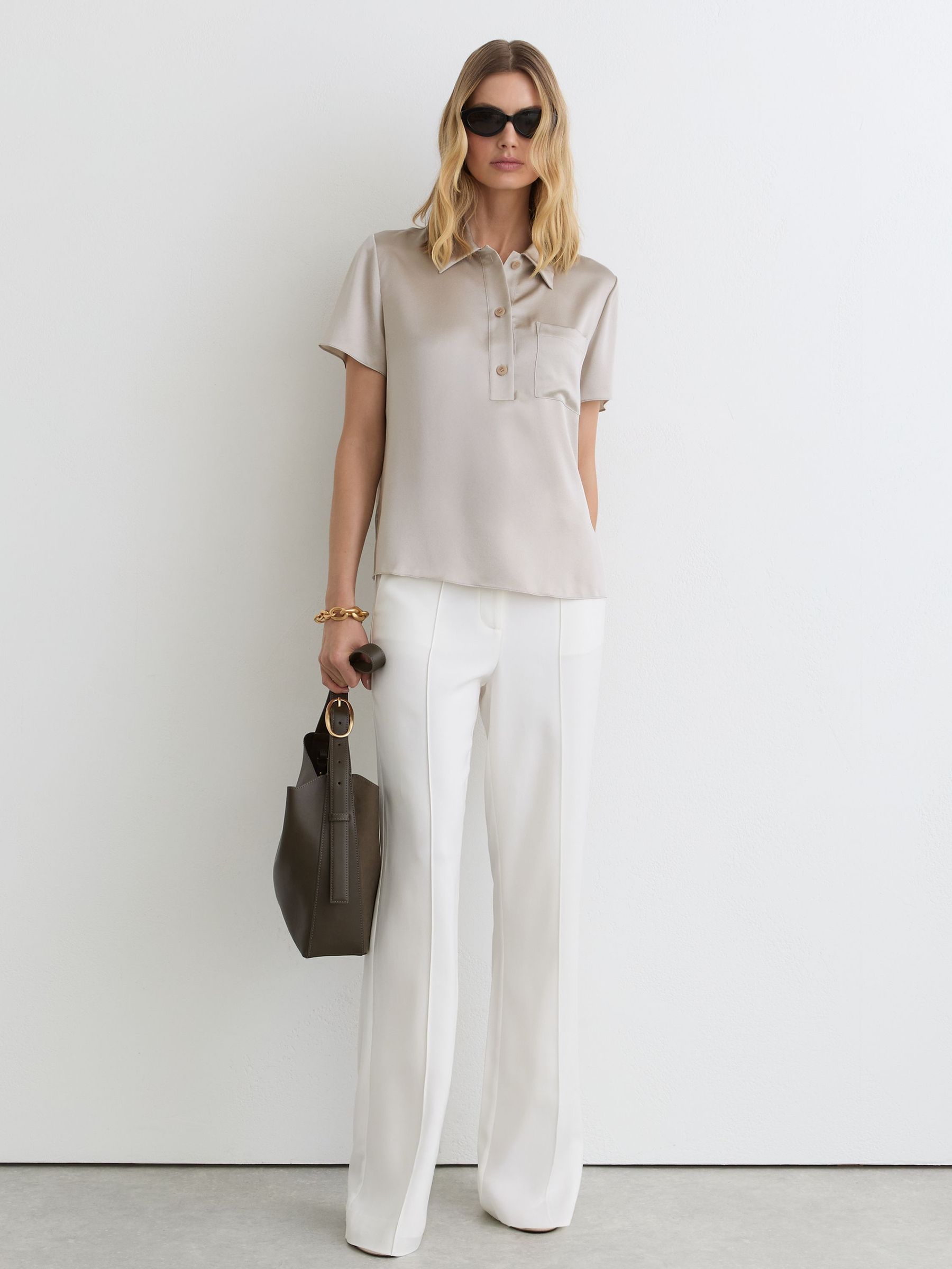 Silk Half-Button Short-Sleeve Shirt in Light Grey - Image 1 of 5 Silk Half-Button Short-Sleeve Shirt in Light Grey - Image 1 of 5