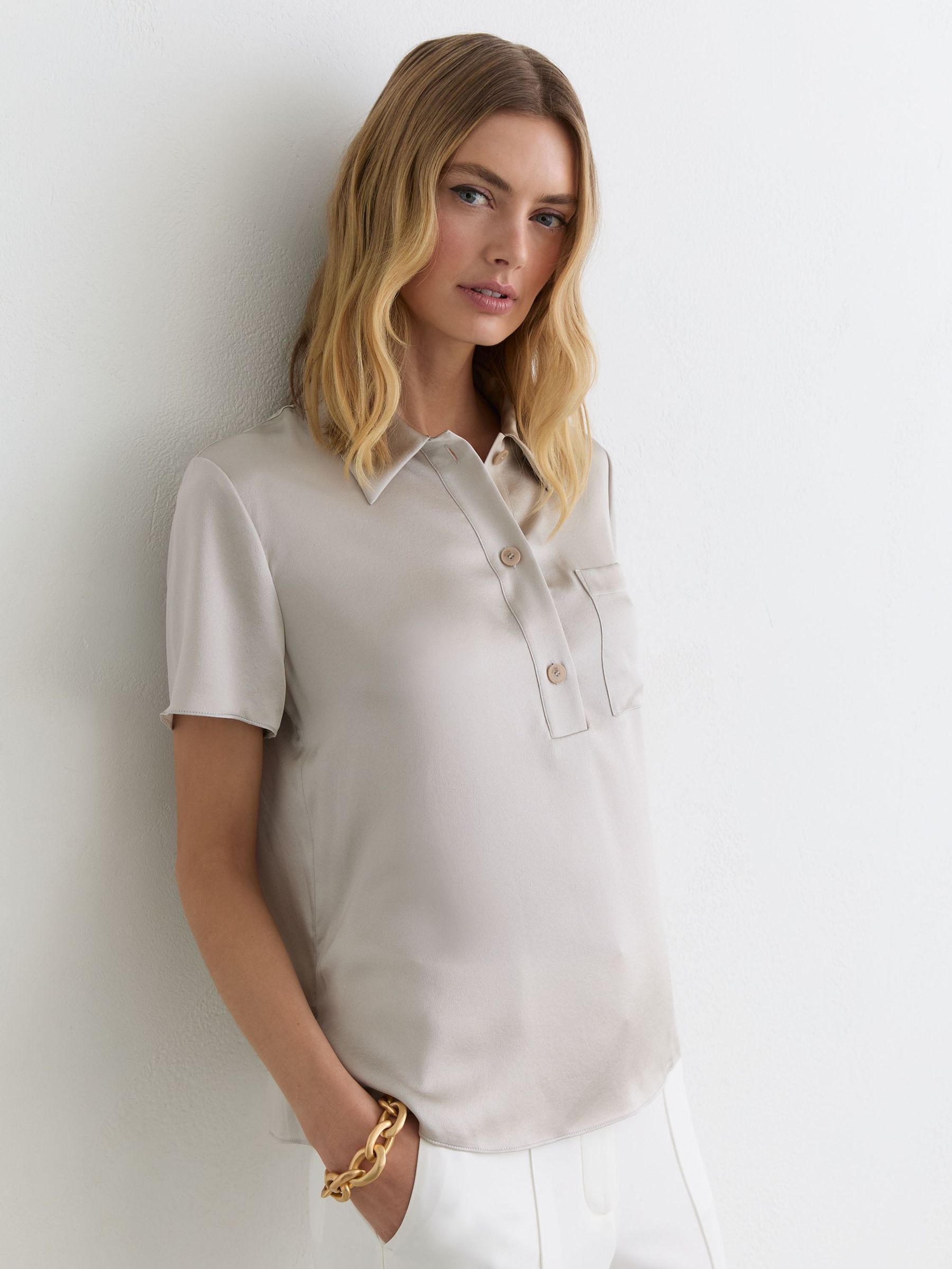 Silk Half-Button Short-Sleeve Shirt in Light Grey - image 4
