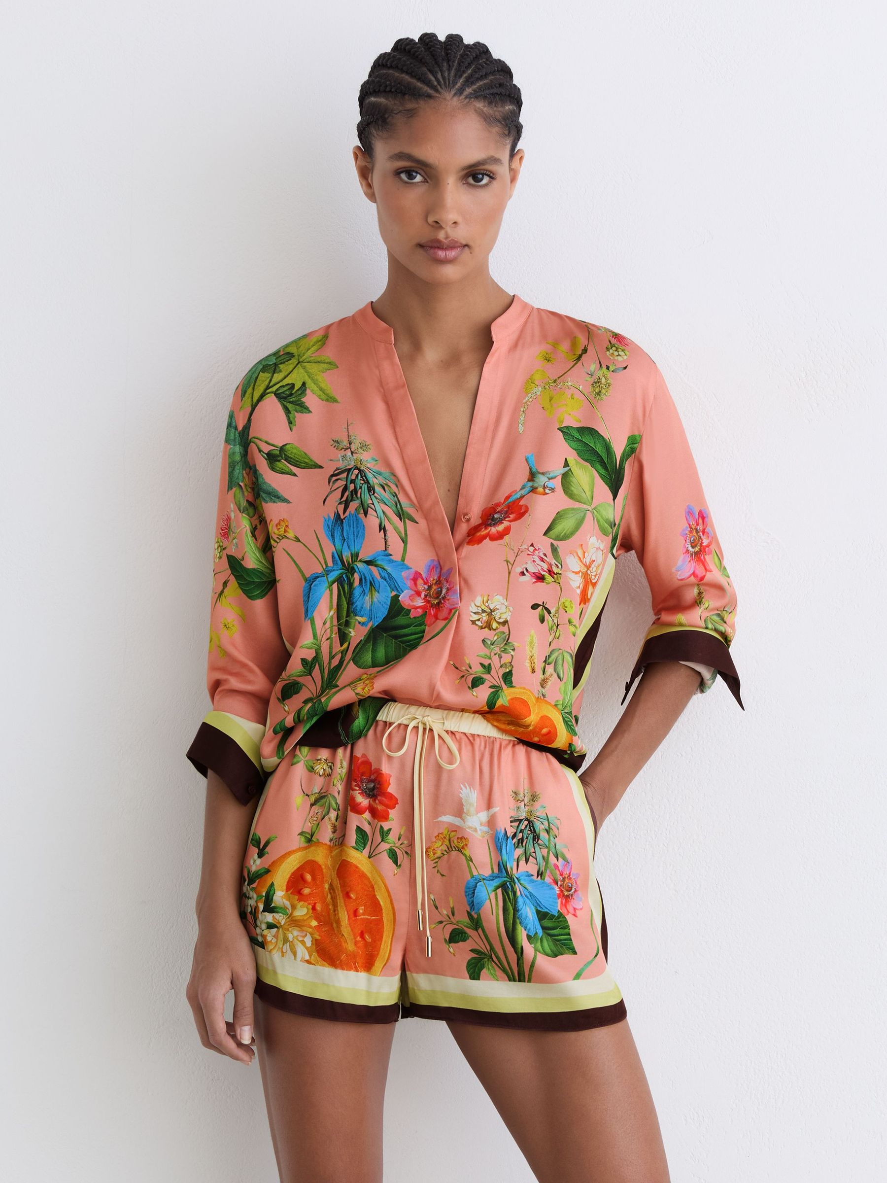 Tropical Scarf-Print Drawstring Shorts in Pink - Image 1 of 6