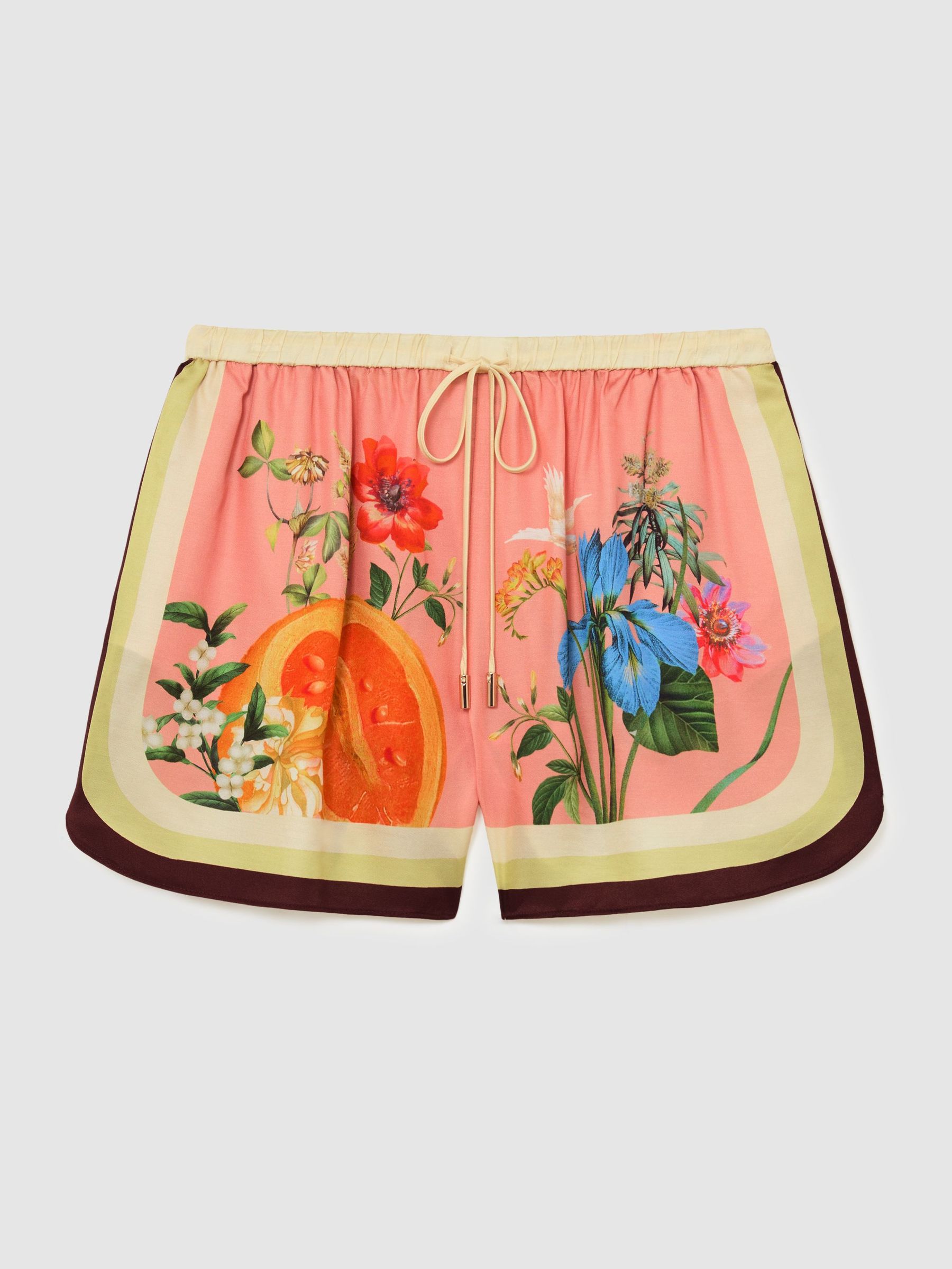 Tropical Scarf-Print Drawstring Shorts in Pink - image 1