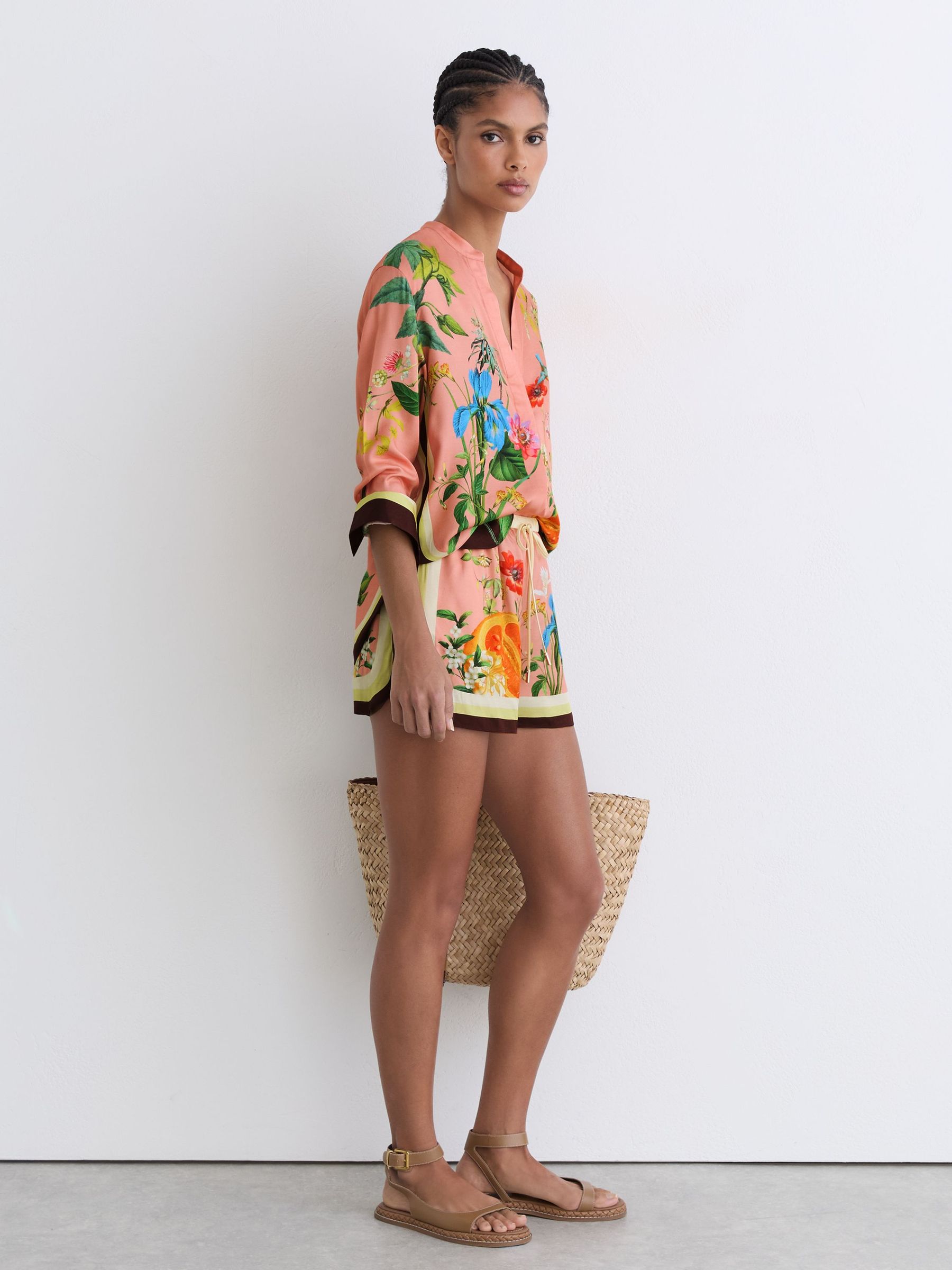 Tropical Scarf-Print Drawstring Shorts in Pink - Image 4 of 6