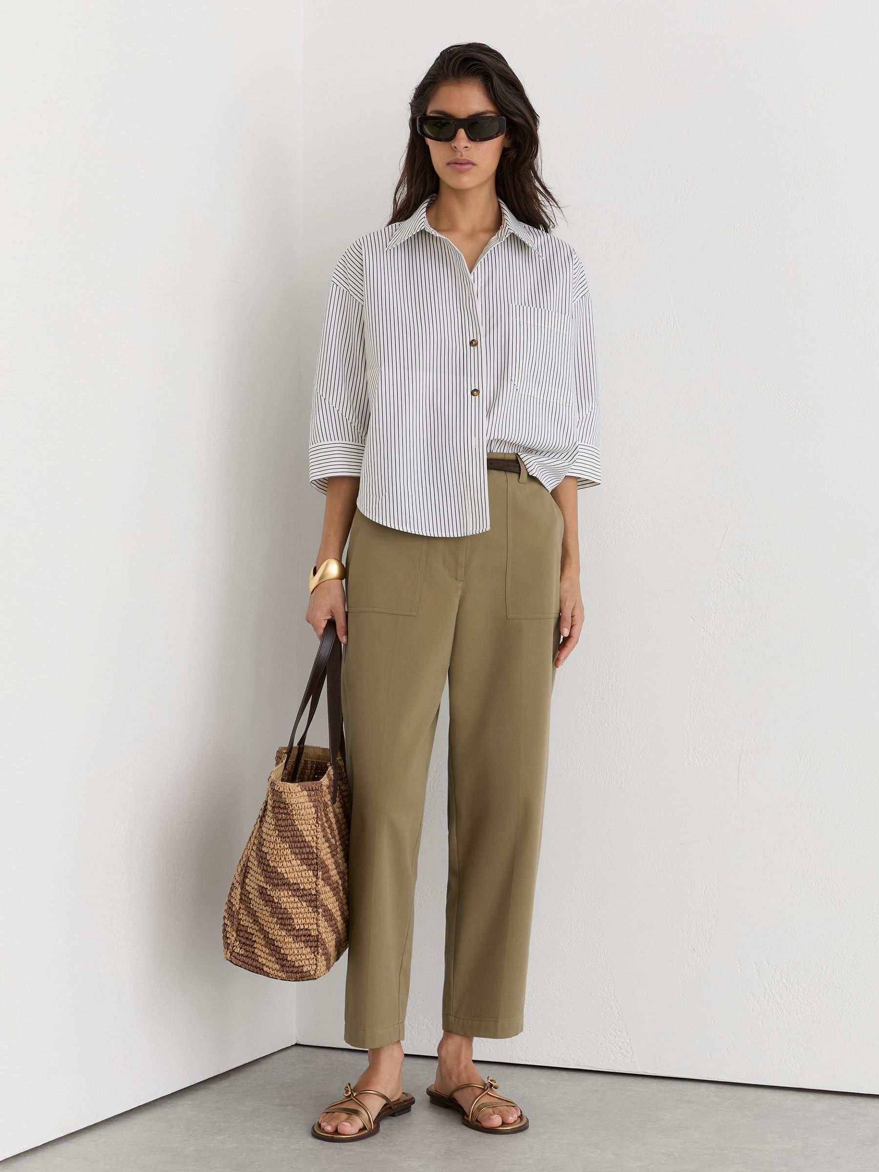 Petite Cotton-Lyocell Tapered Trousers in Khaki Green - Image 1 of 7
