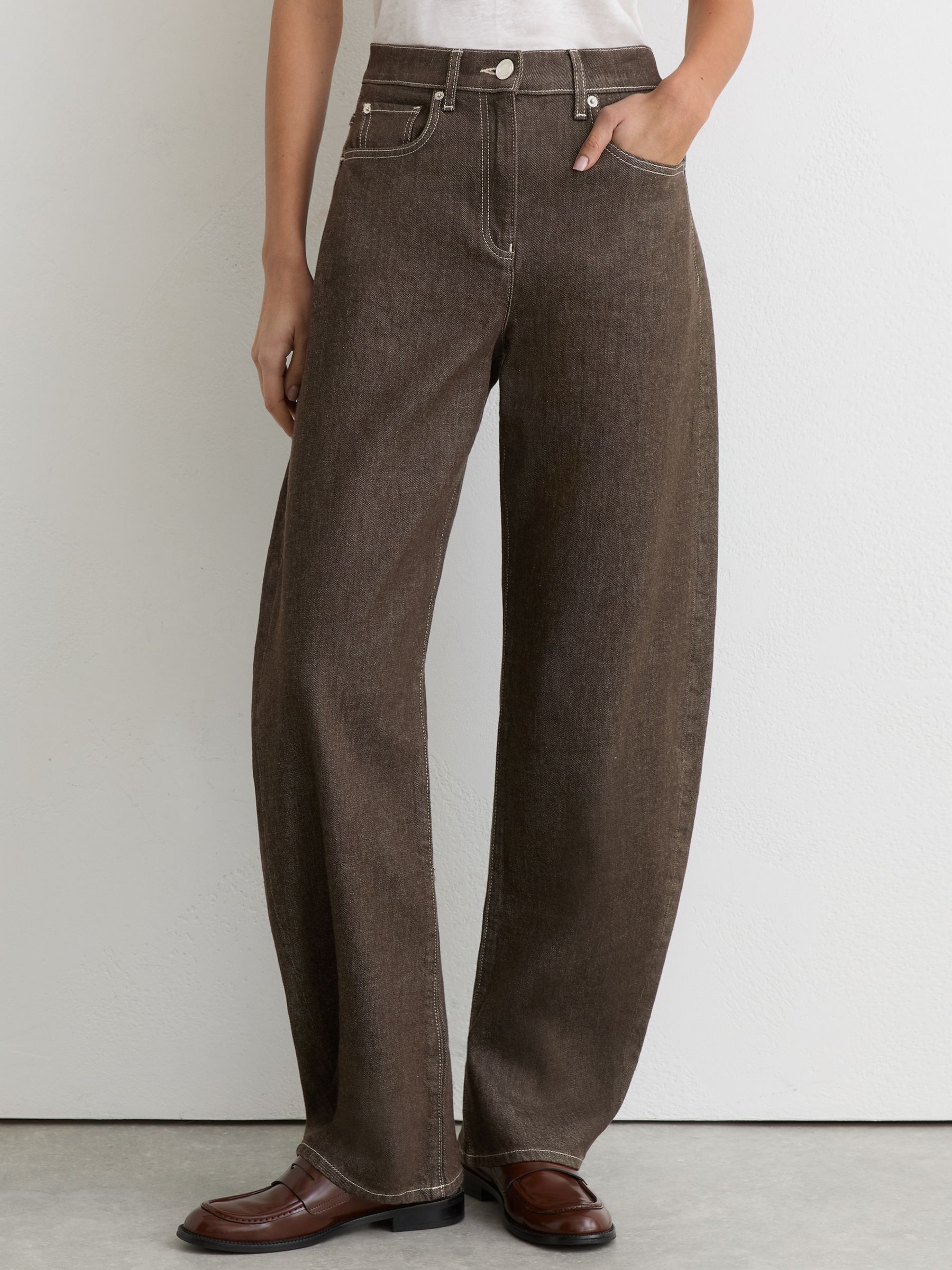 Petite Barrel-Leg Topstitched Jeans in Brown - Image 3 of 7