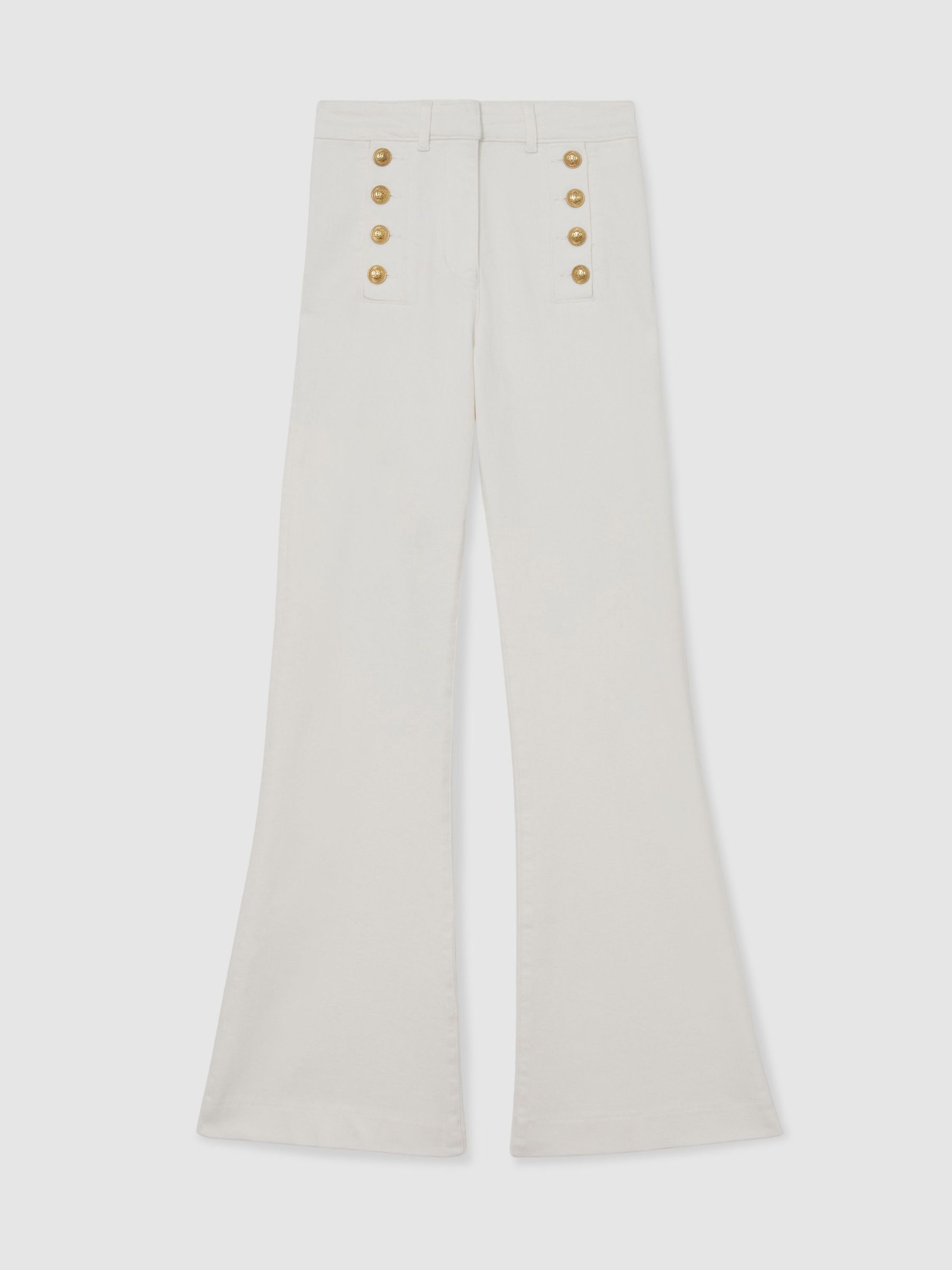 Petite Button-Detail Flared Jeans in White - Image 2 of 8 Petite Button-Detail Flared Jeans in White - Image 2 of 8